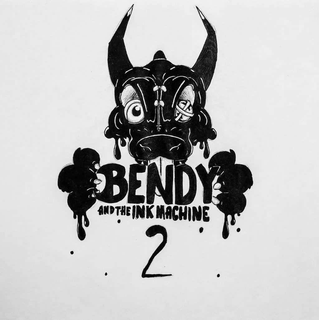 《Bendy and the Ink Machine 2》 壁紙 — 一個黑白墨水滴落的標誌，上面有一個帶角的卡通角色，一隻眼睛纏著繃帶，位於文字 Bendy and the Ink Machine 2 上方。