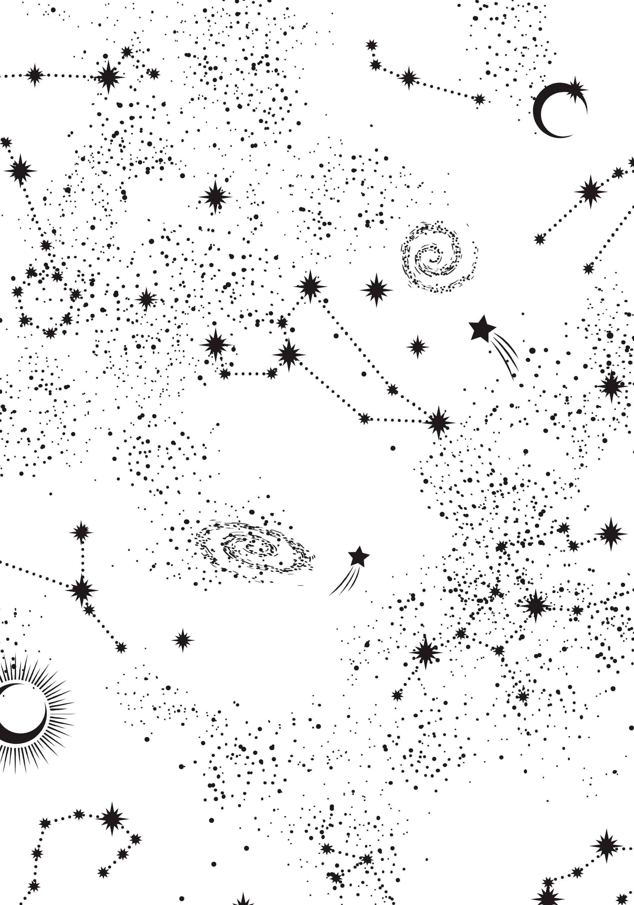 Constellations 桌布 壁紙 — 一個黑白宇宙圖案，包含星星、星座、星系和彎月，散落在白色背景上。