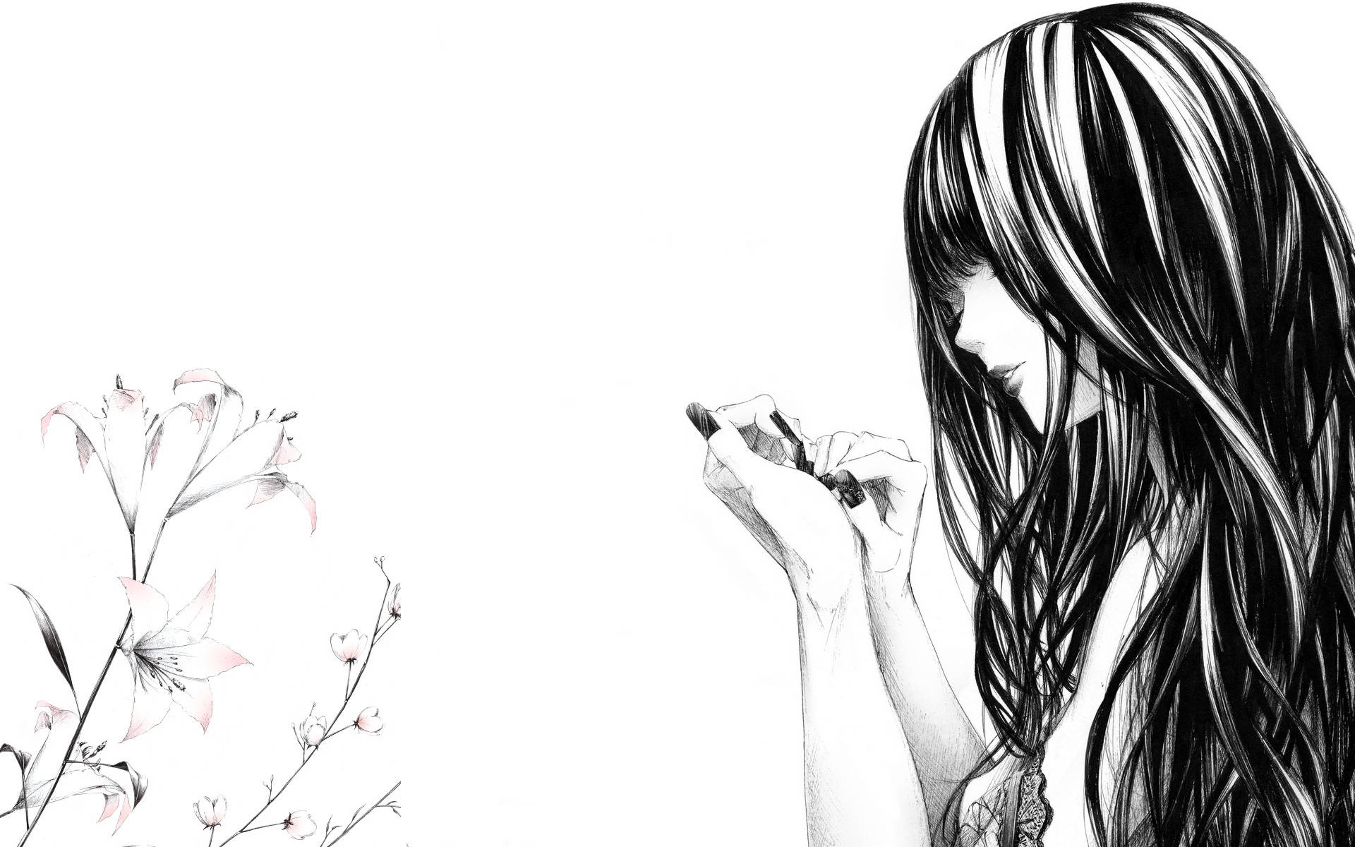Black And White Anime 桌布 壁紙 — 一個黑白插圖的長髮女孩在純白背景上，拿著筆靠近精緻的粉紅色百合花。