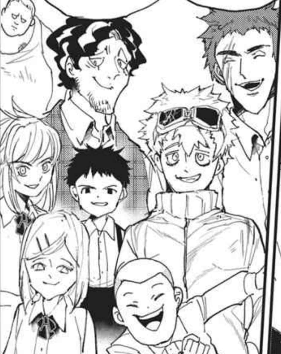 The Promised Neverland Lucas 桌布 壁紙 — 一個黑白漫畫面板，展示一群快樂的多樣化動漫角色一起微笑和大笑。