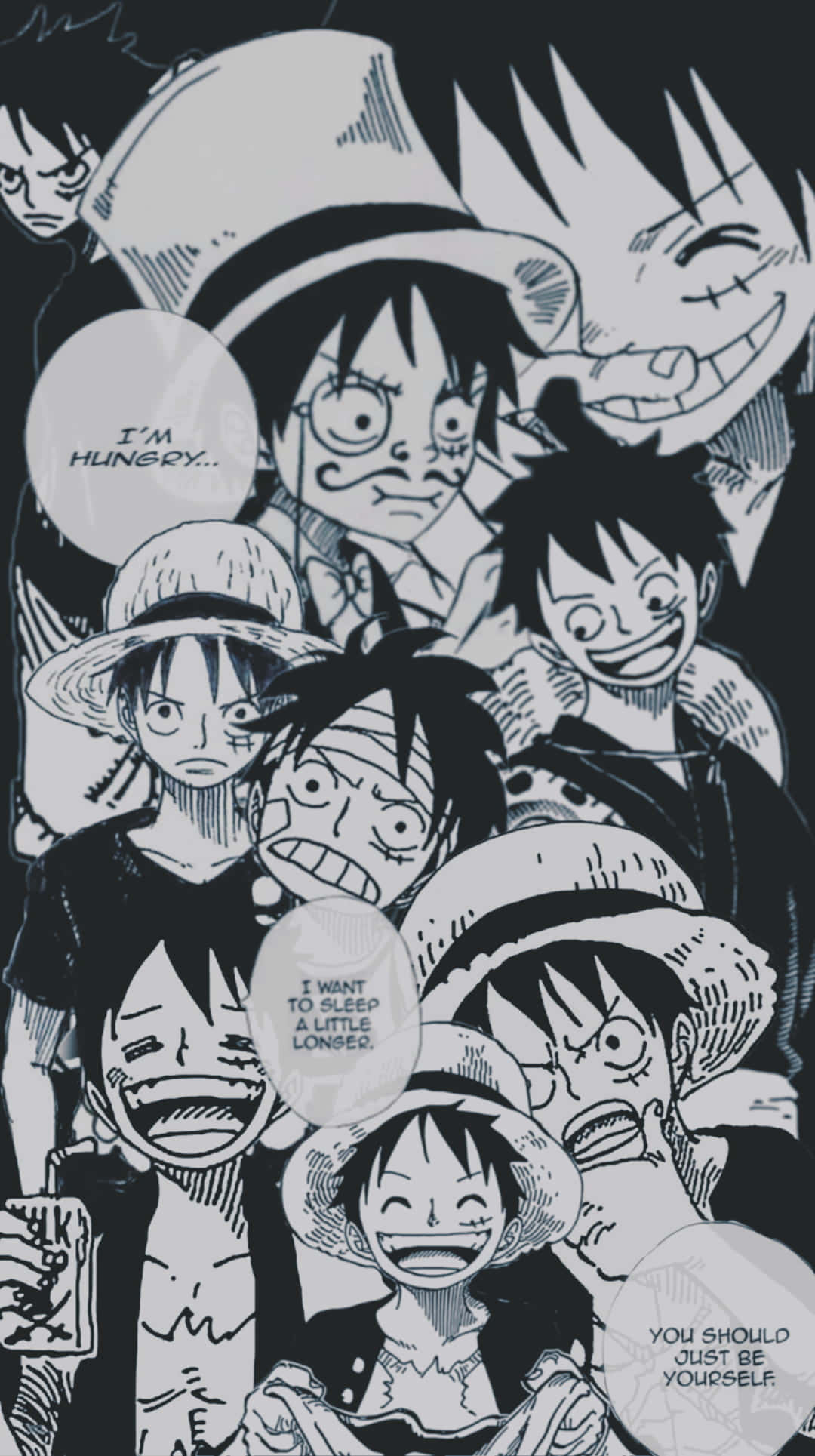 One Piece Manga 桌布 壁紙 — 一個黑白漫畫面板展示了《海賊王》路飛的多個表情版本，並附有對話氣泡。