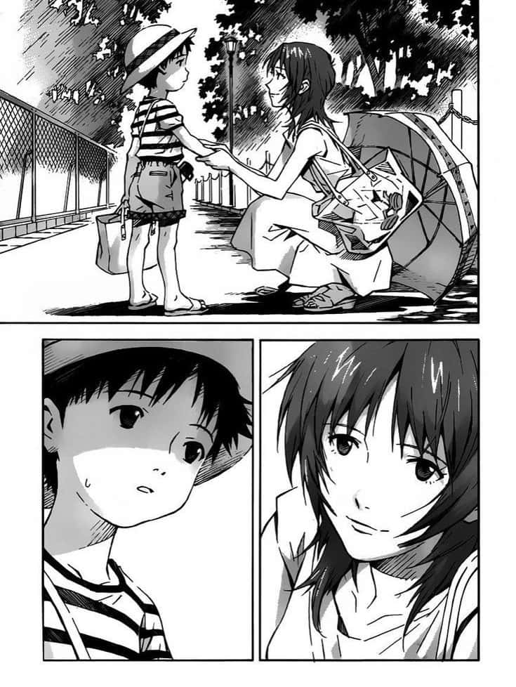 Yui Ikari 桌布 壁紙 — 一個黑白漫畫面板顯示一個女人跪在雨中行人路上與一個孩子牽手，並有他們表情豐富的臉部特寫。