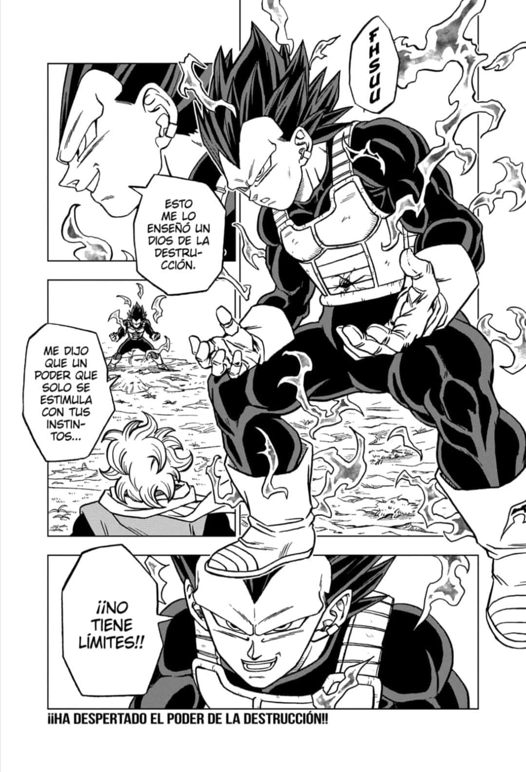 Dragon Ball Super Manga 桌布 壁紙 — 一個黑白漫畫面板顯示一個強大的戰士，頭髮尖刺，在動態的戰鬥場景中釋放能量，並帶有西班牙語對話。
