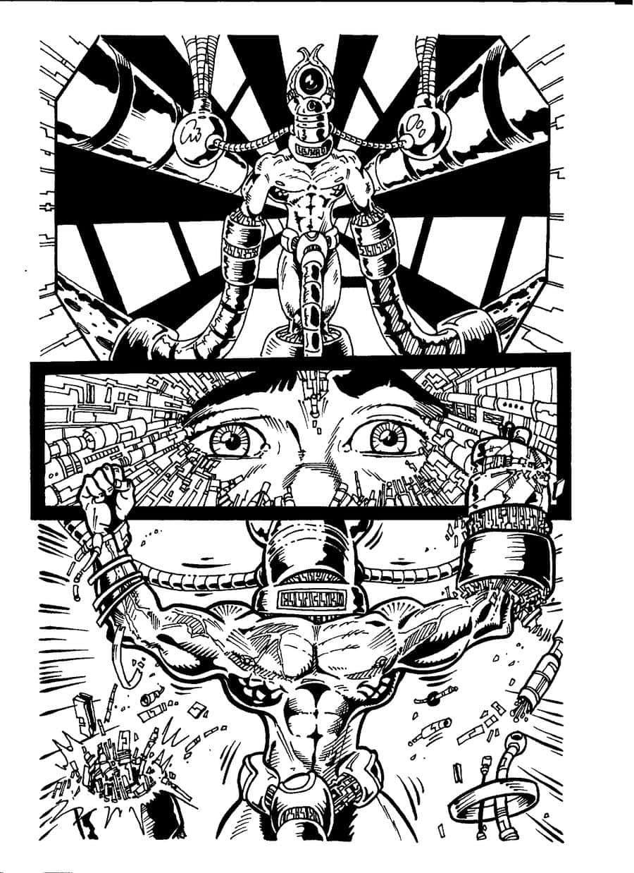 Black And White Comic 桌布 壁紙 — 一個黑白漫畫面板顯示一個機械人形在一個驚恐的孩子臉上，以及一個肌肉男從機械束縛中掙脫。