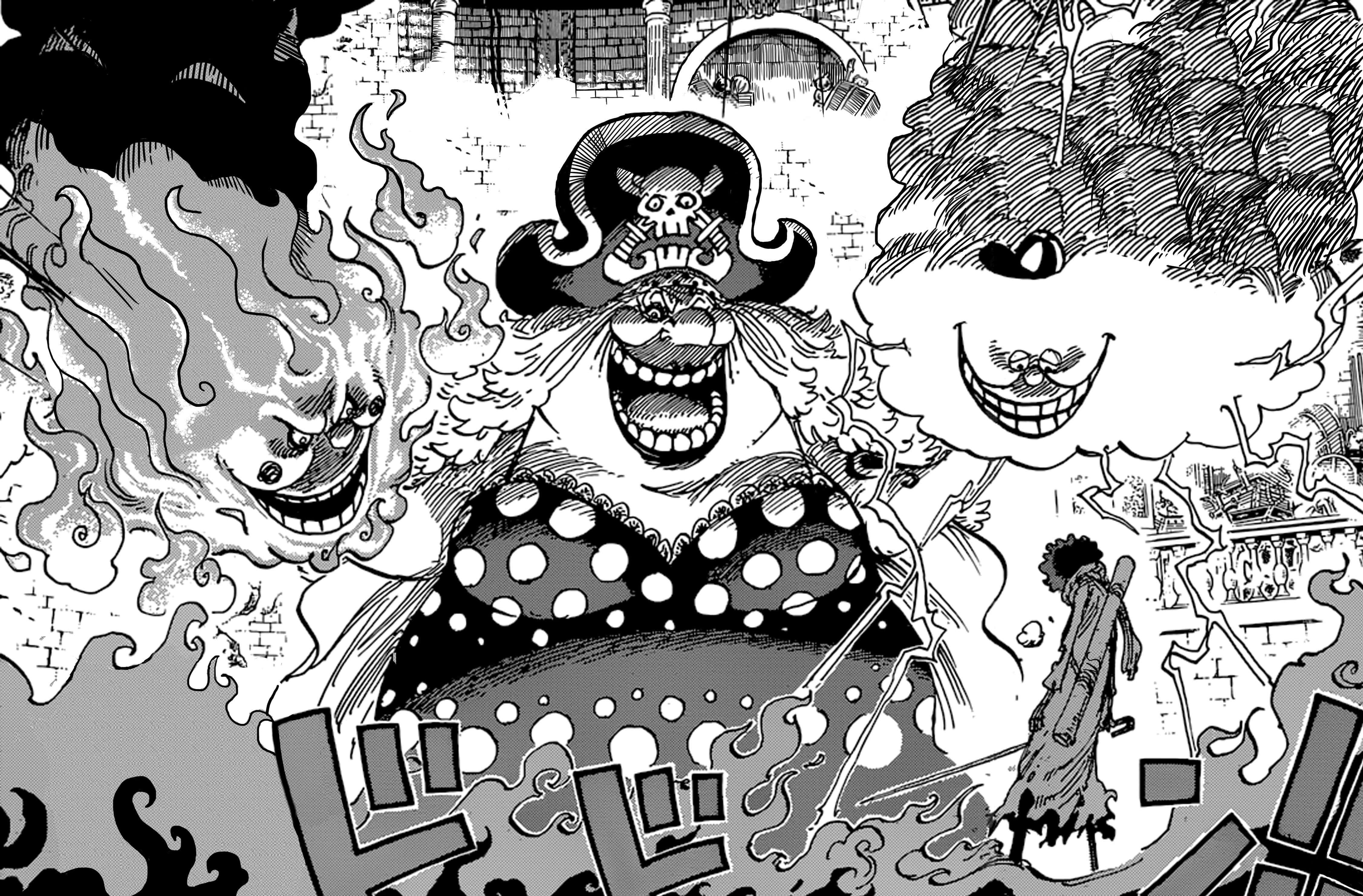 Big Mom 桌布 壁紙 — 一個黑白漫畫面板顯示一個穿著波點裙的巨大笑女，被怪異的煙霧生物包圍。