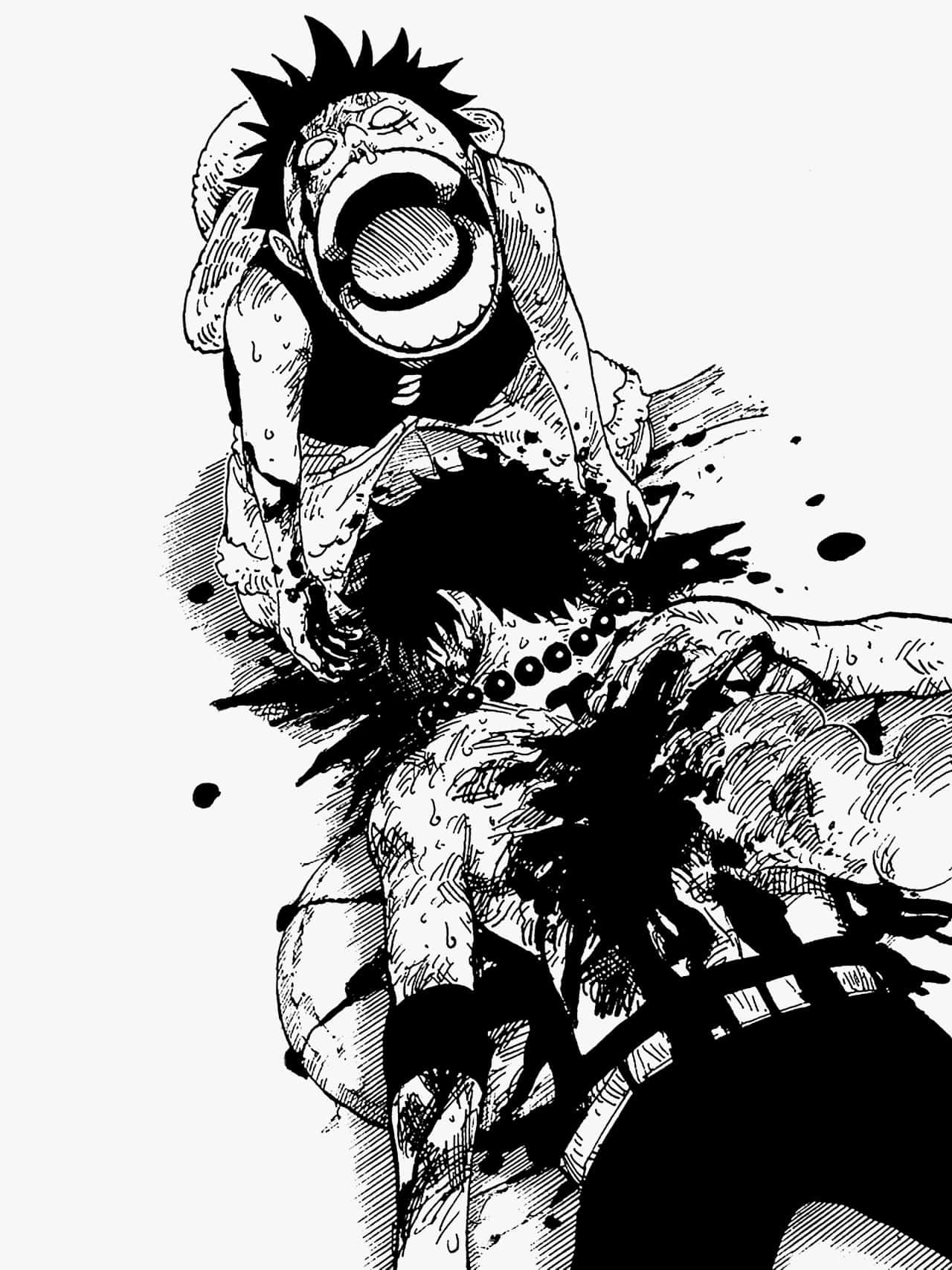 One Piece Manga 桌布 壁紙 — 一個黑白漫畫面板顯示一個角色痛苦地尖叫，而另一個角色用帶刺的武器攻擊他們。