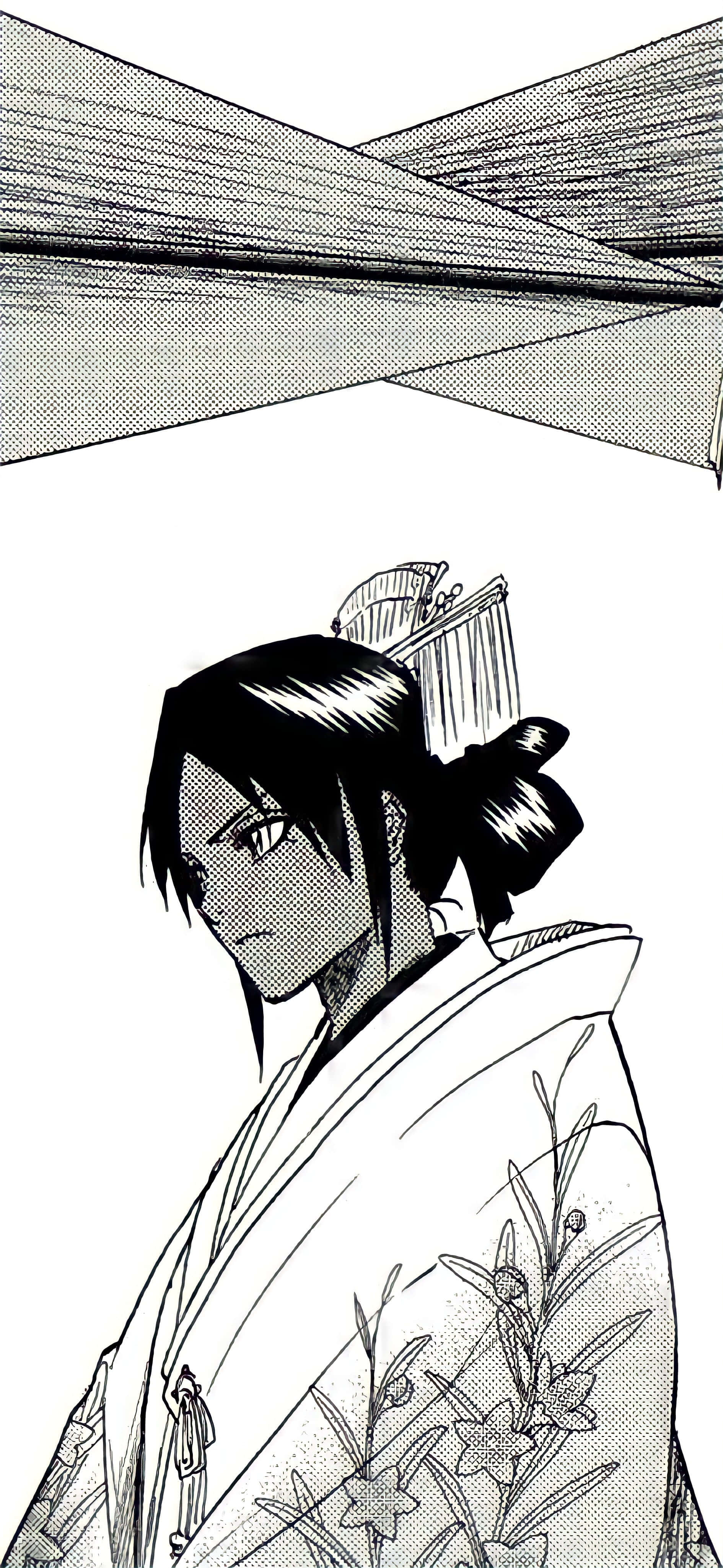 Yoruichi Shihoin 桌布 壁紙 — 一個黑白漫畫面板顯示一名武士穿著帶有花卉圖案的傳統長袍，從背後觀看，表情嚴厲。