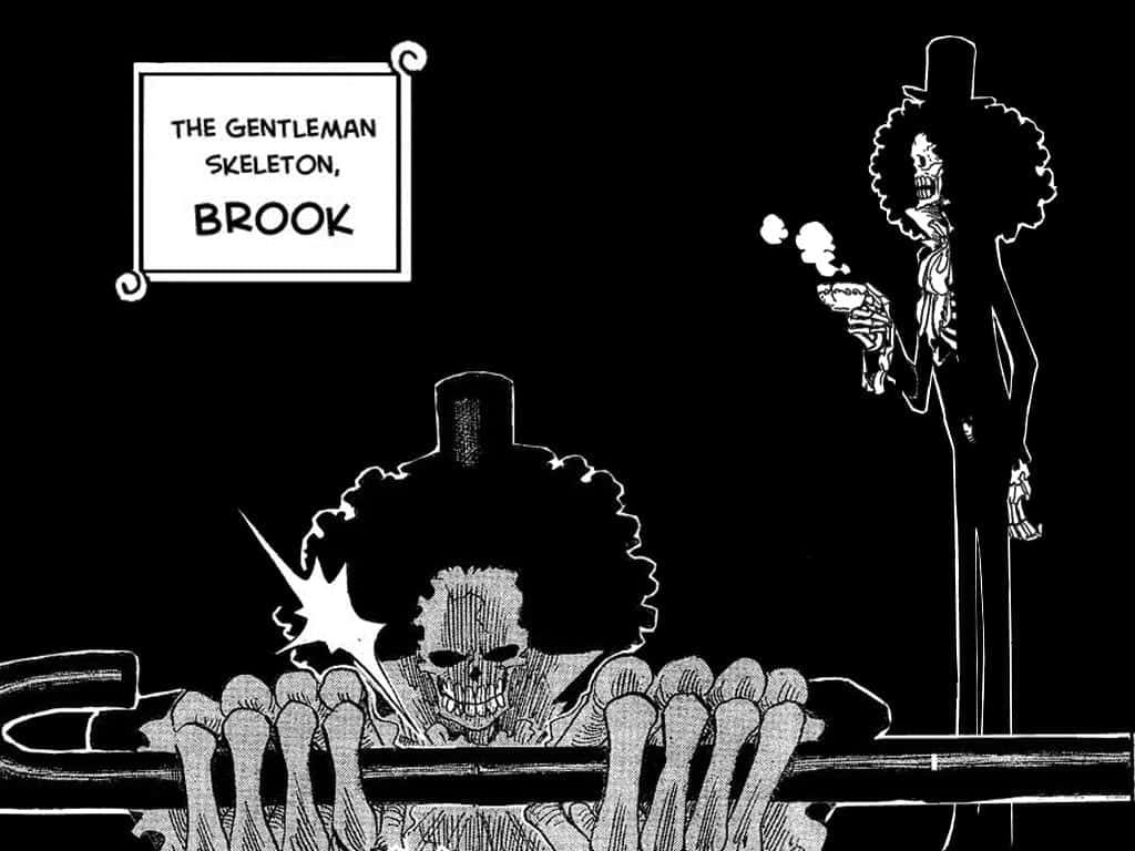 Brook 桌布 壁紙 — 一個黑白漫畫面板顯示骷髏音樂家布魯克以兩種姿勢出現：一個係喺骨頭圍欄上面偷睇，另一個係企直身拎住一個杯。