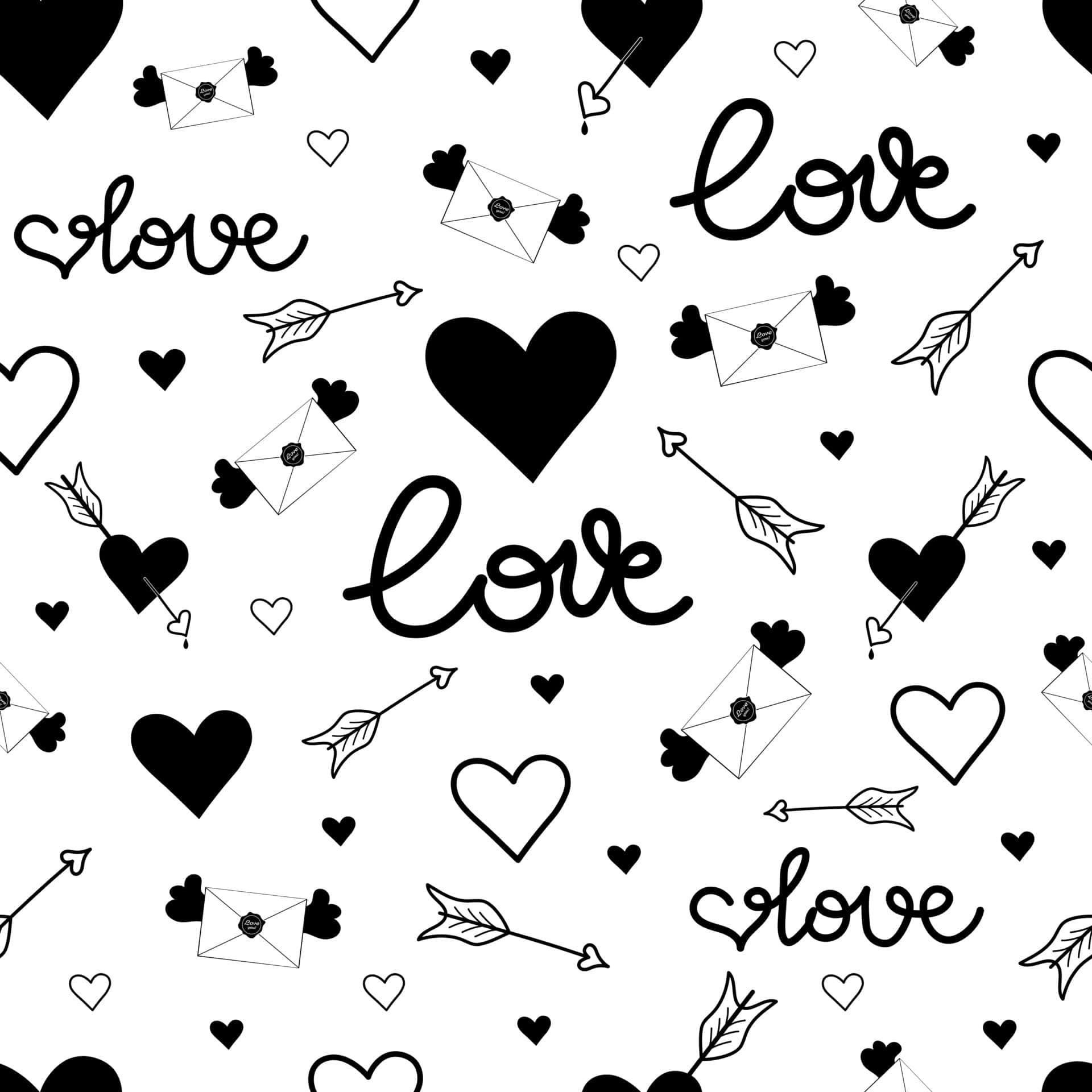Black And White Heart 桌布 壁紙 — 一個黑白無縫圖案，由心形、箭頭和情書散落在乾淨的白色背景上組成。