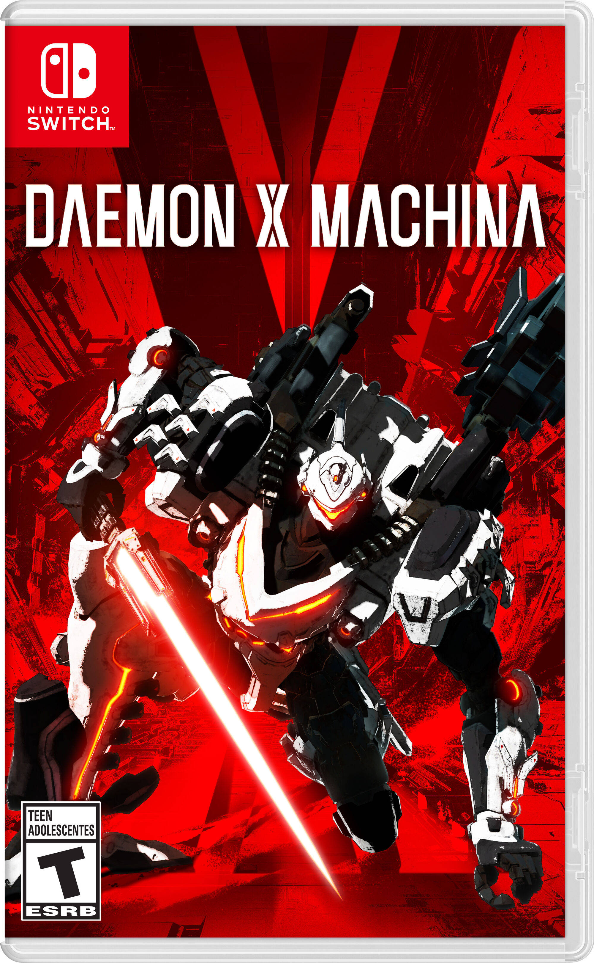 Daemon X Machina Nintendo Switch 壁紙 — 一個黑白相間的機甲戰士在破碎的紅色背景前揮舞著一把發光的紅色劍。
