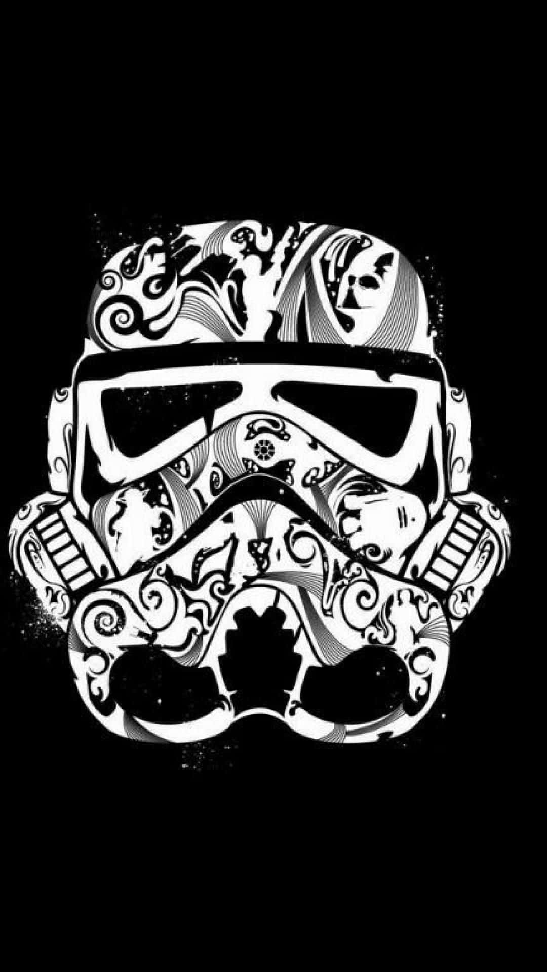 Black And White Graffiti 桌布 壁紙 — 一個黑白紋身風格的風暴兵頭盔，在深色背景上飾有複雜的漩渦圖案。