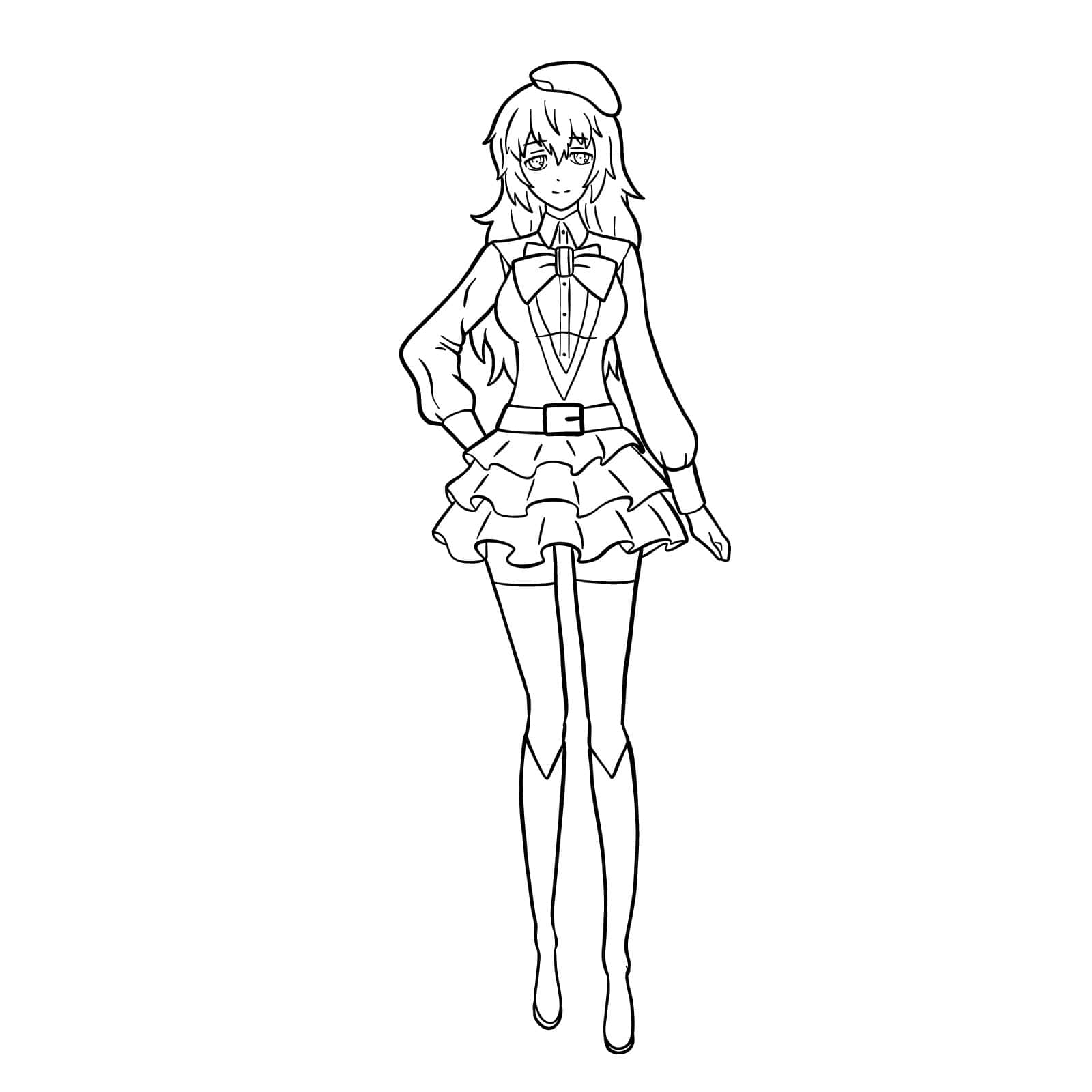 Yuki Amane 桌布 壁紙 — 一個黑白線條藝術動漫女孩，穿著荷葉邊服裝和貝雷帽，自信地站著，一手叉腰。
