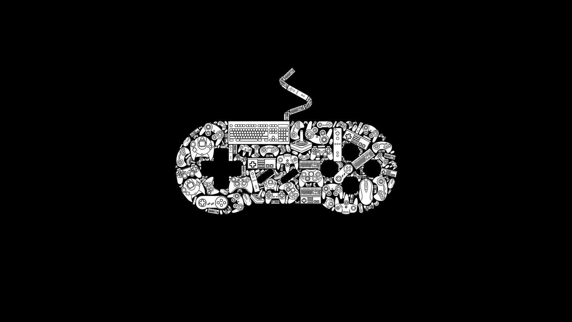 Cool Gaming 桌布 壁紙 — 一個黑白線條藝術遊戲控制器輪廓，充滿復古遊戲圖標，背景為純黑色。