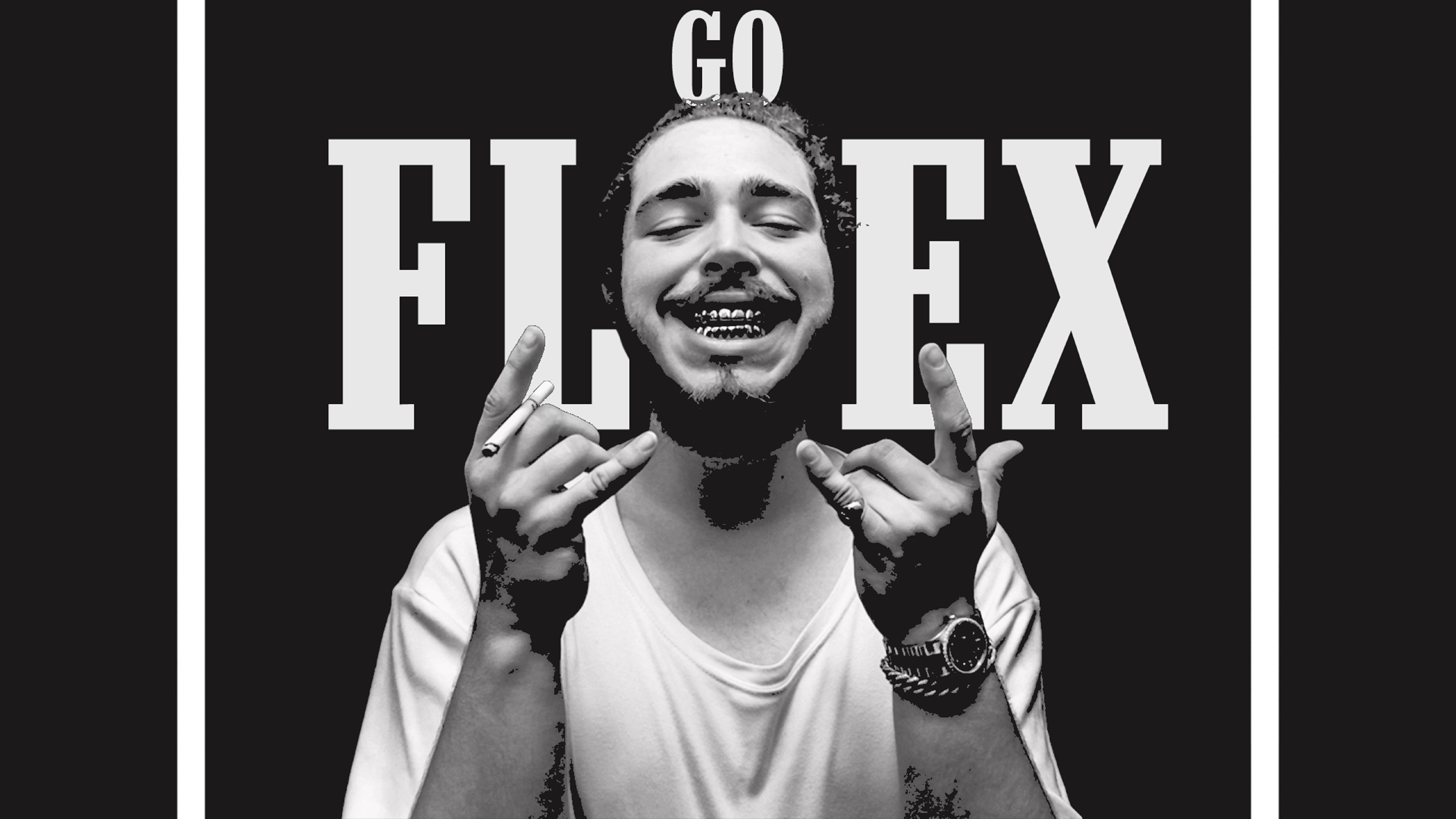 Post Malone Go Flex Poster 壁紙 — 一個黑白肖像，一個微笑的男人閉著眼睛，在粗體文字背景前做出彎曲手勢。
