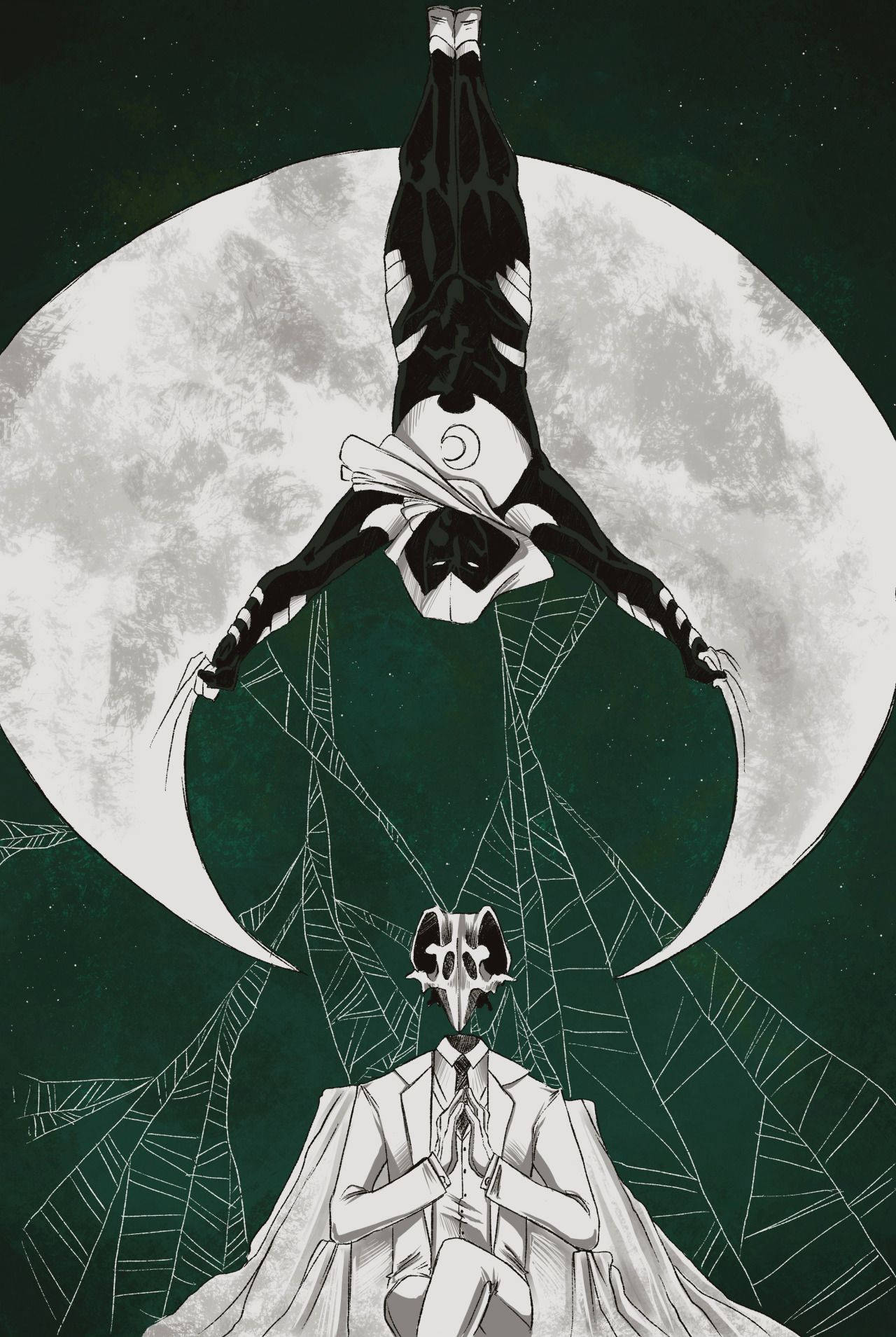 Moon Knight 桌布 壁紙 — 一個黑白面具人物倒掛在巨型月亮前，而一個穿著西裝的骷髏臉男人跪在下方一個網狀的深綠色虛空中。