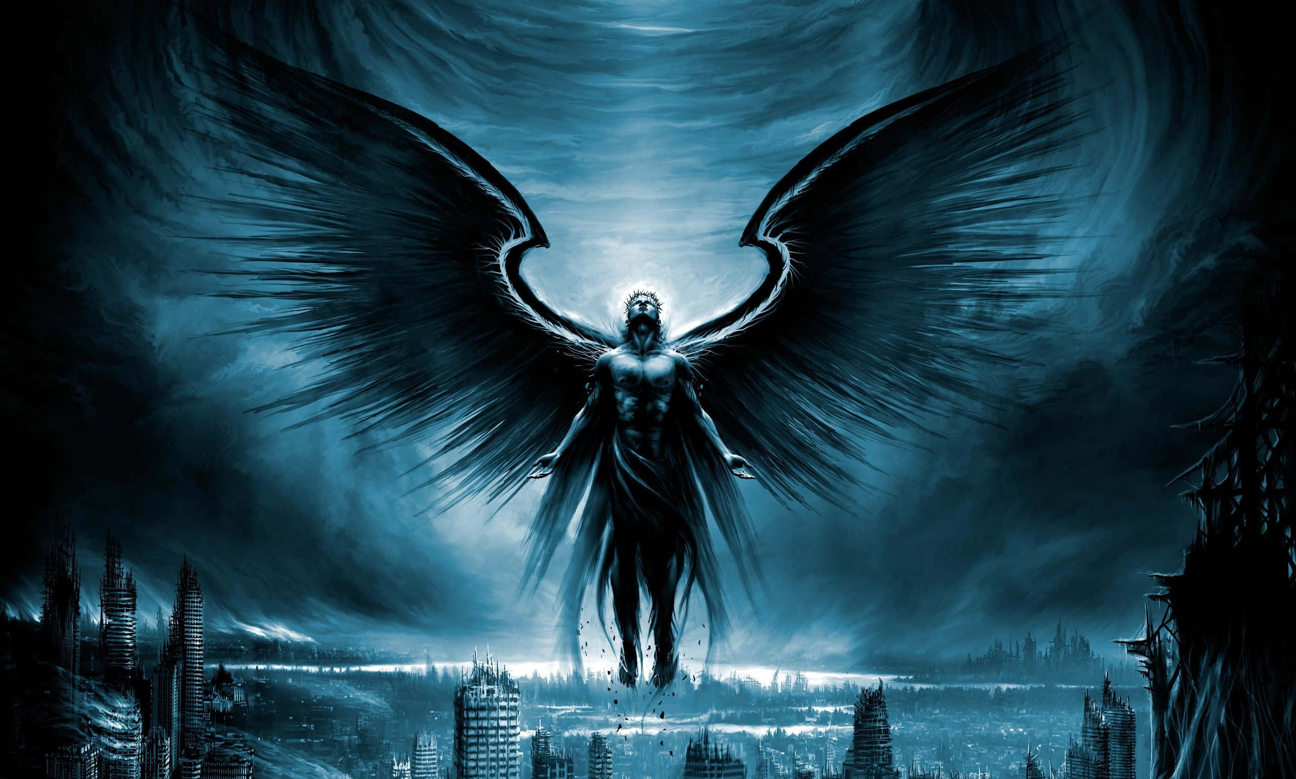 Saint Michael 桌布 壁紙 — 一個黑翼天使般的身影站在廢墟城市之上，背景是風暴藍天。