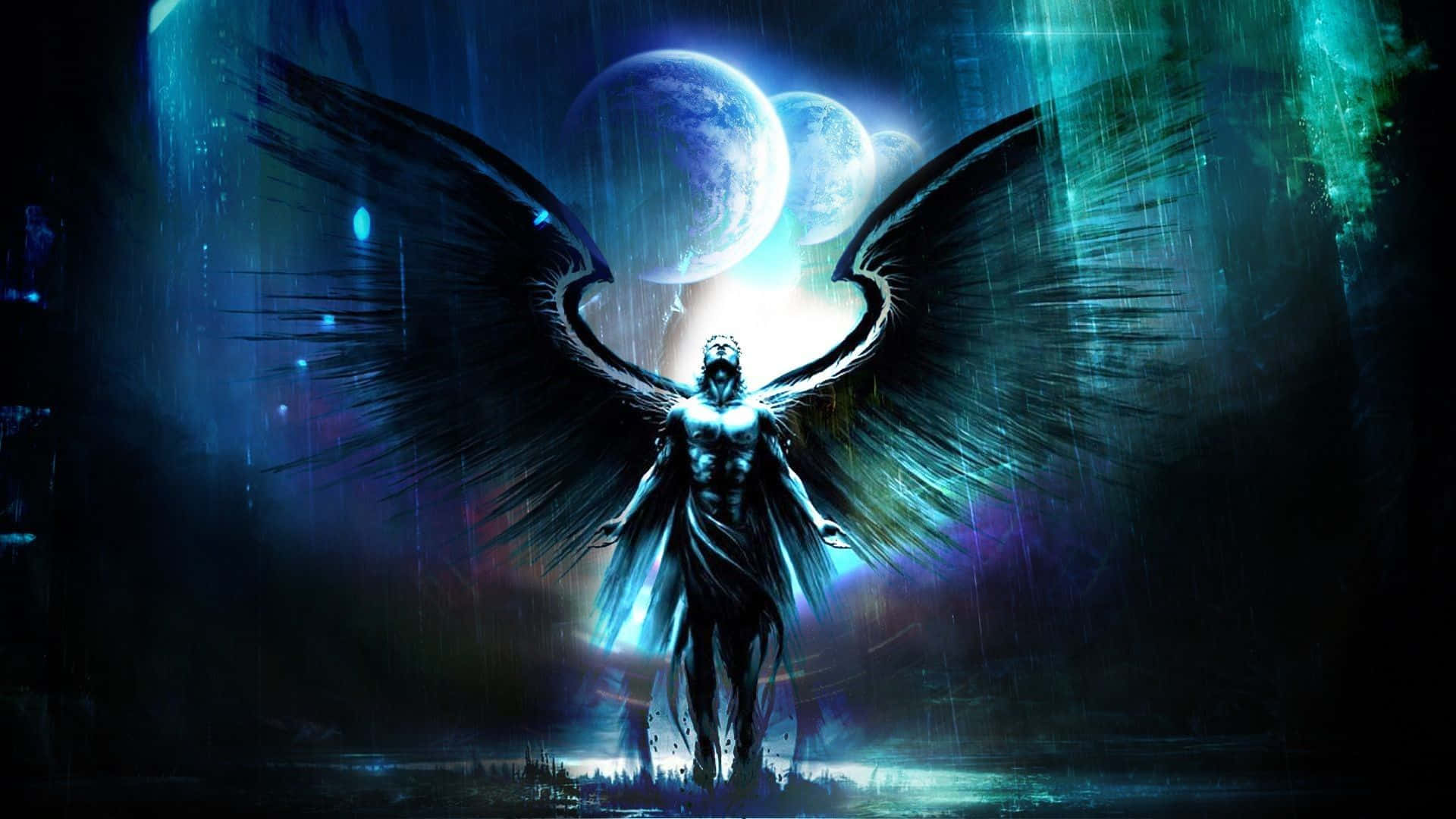 Saint Michael 桌布 壁紙 — 一個黑翼天使般的身影站在風暴般的宇宙景觀中，伴隨著發光的月亮和電光藍色的雨。