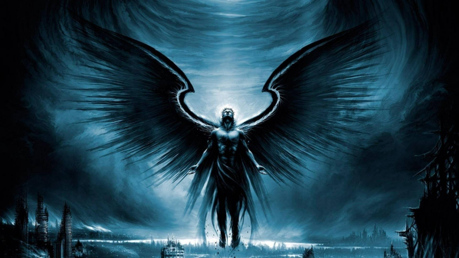 惡魔 桌布 壁紙 — 一個黑翼天使般的身影站在風暴藍天下嘅廢墟城市景觀之上。