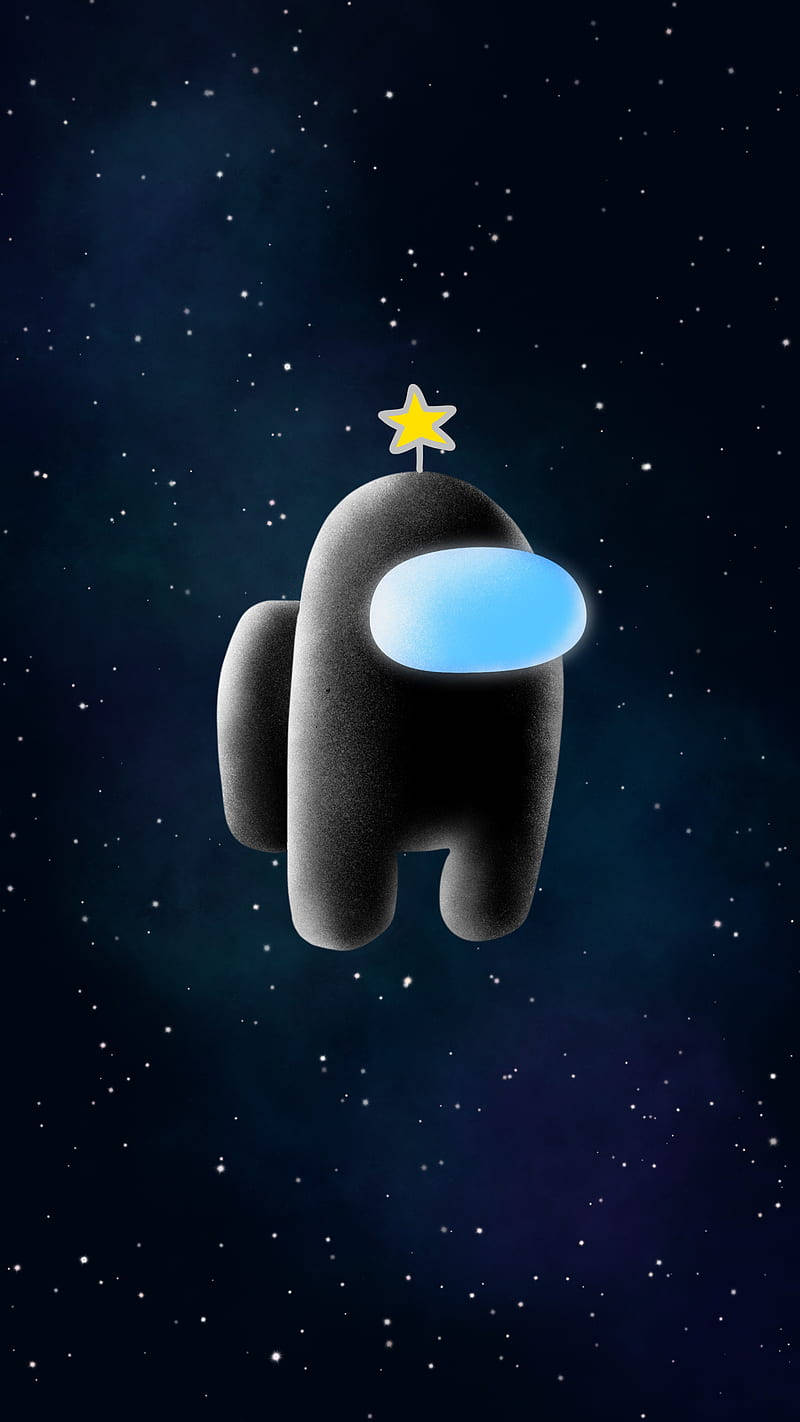 星星 桌布 壁紙 — 一個黑色Among Us角色在滿天星斗的夜空中平靜地漂浮，帶有發光的藍色面罩和頭上的黃色星星。