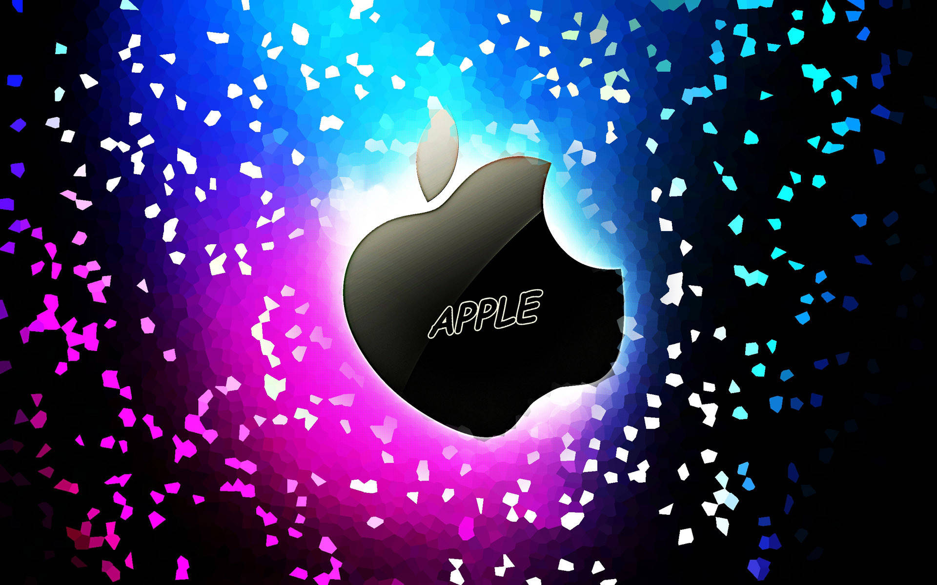 名字 桌布 壁紙 — 一個黑色Apple標誌在藍色和紫色的鮮豔漸變背景上發光，並有五彩紙屑飄落。