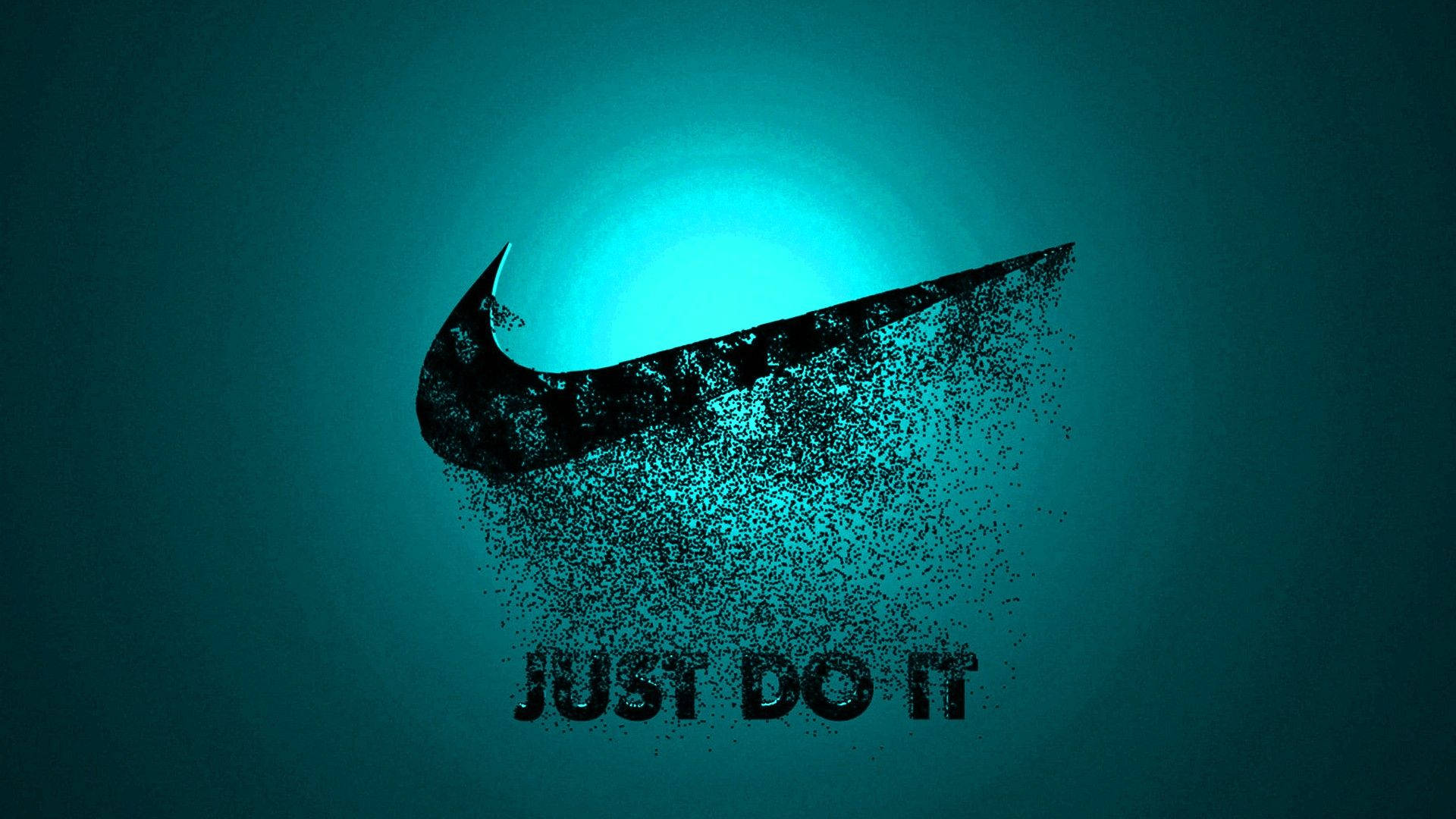 Logo 桌布 壁紙 — 一個黑色Nike勾勾在發光的青綠色背景上分解成粒子，下方有'JUST DO IT'文字。