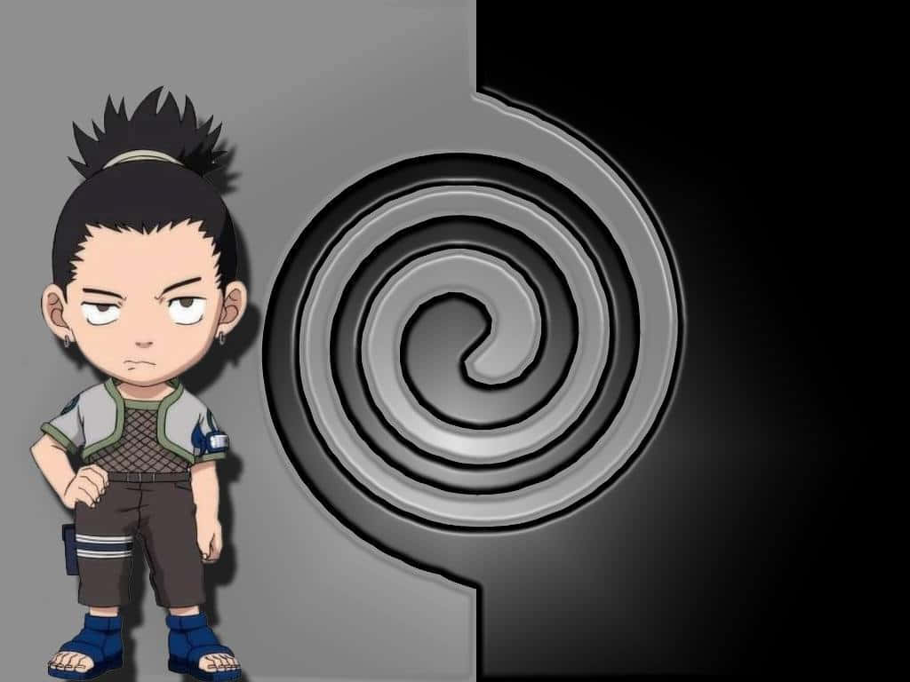 Shikamaru Nara 桌布 壁紙 — 一個黑色刺蝟頭的Q版動畫男孩站在一個大型金屬螺旋標誌旁邊，背景是深色漸變。