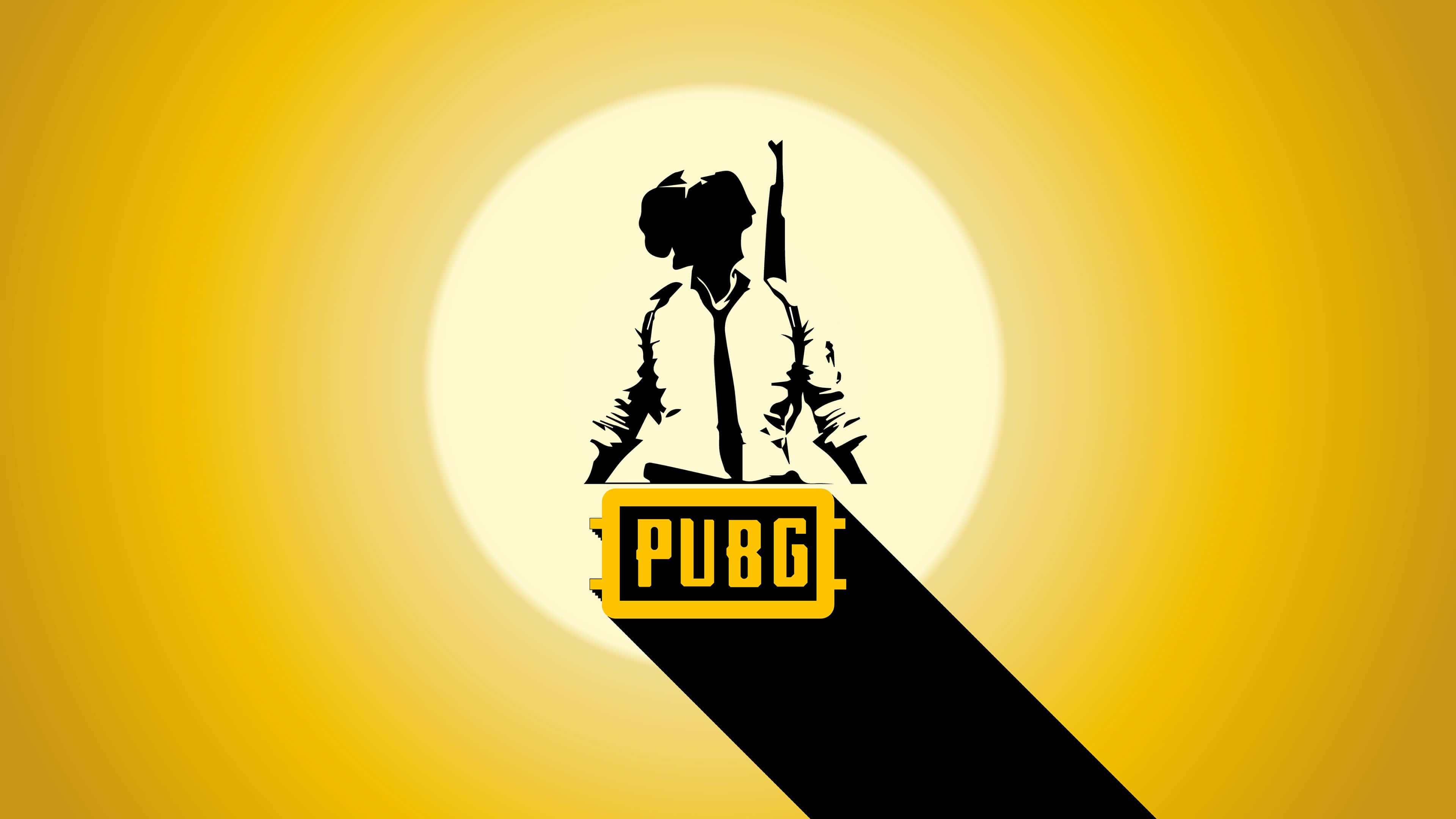 Pubg Logo 桌布 壁紙 — 一個黑色剪影的PUBG玩家手持步槍，站在明亮的黃色漸變背景前，下方有遊戲標誌。