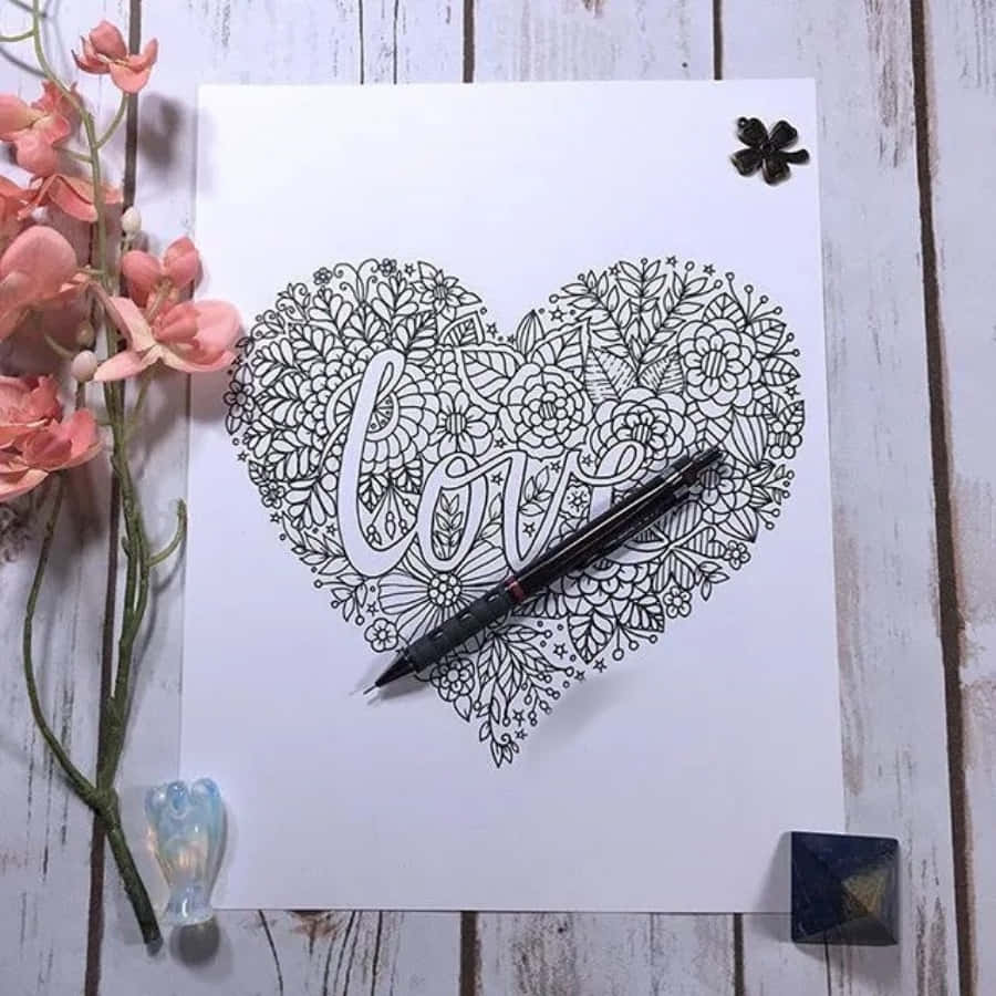 Heart Doodle 桌布 壁紙 — 一個黑色墨水的心形曼陀羅，上面有「love」字樣，周圍環繞著花朵和葉子，一支筆放在上面，旁邊有粉紅色的花朵和裝飾石頭在白色木質表面上。