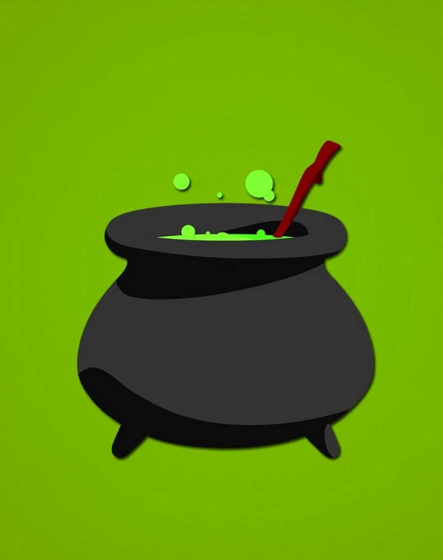 cauldron 桌布 壁紙 — 一個黑色大鍋，裡面有冒泡的綠色藥水和紅色攪拌棒，背景是明亮的綠色。