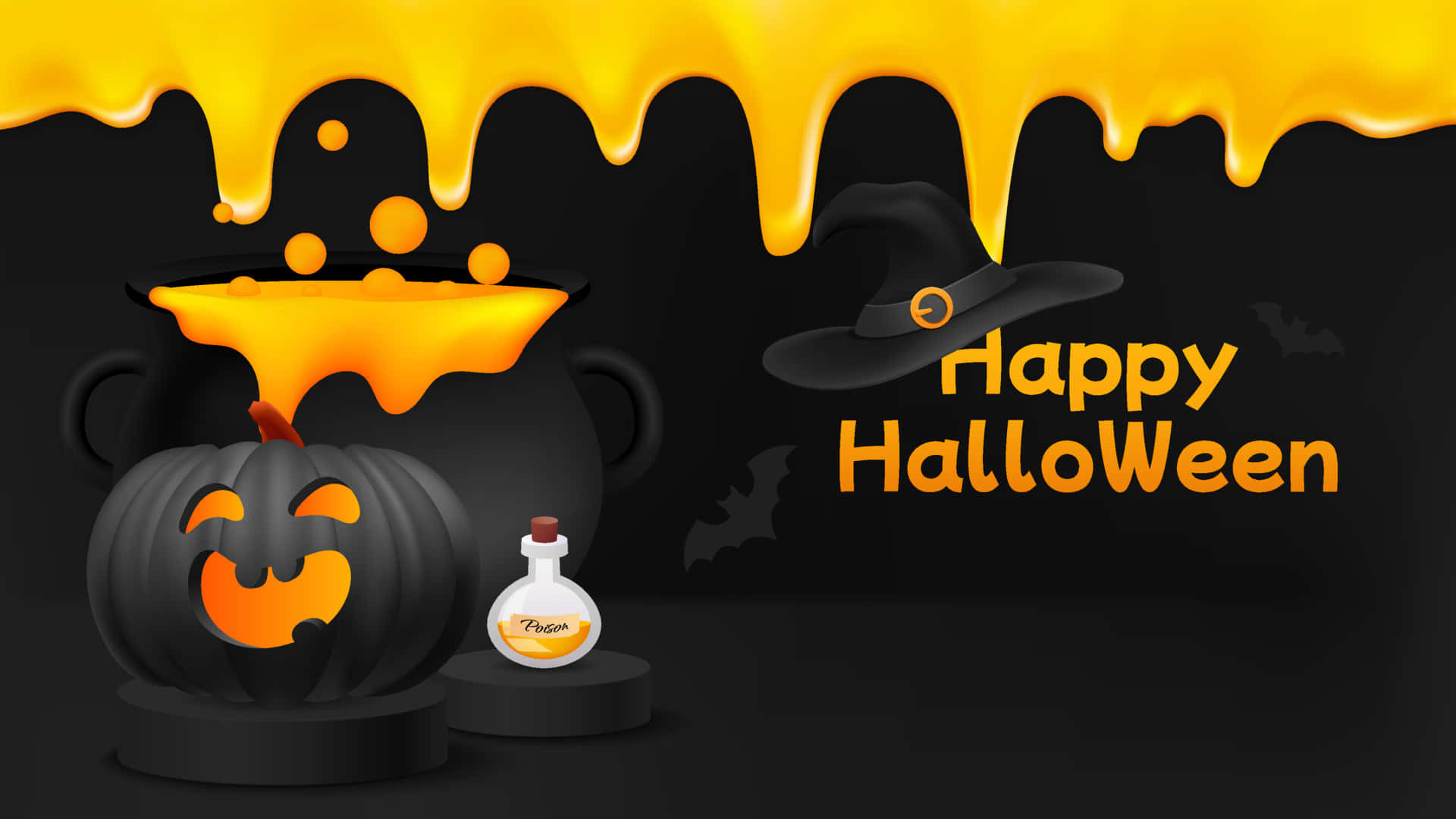 Halloween Slime 桌布 壁紙 — 一個黑色大鍋滴落發光的橙色液體，落在傑克南瓜燈和藥水瓶上，背景為深色，帶有「Happy Halloween」文字和女巫帽。