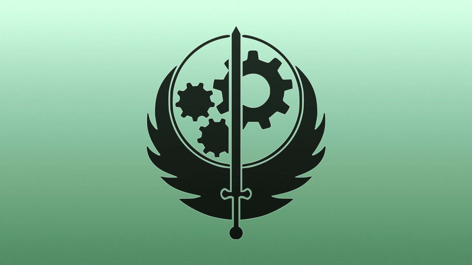 Fallout Brotherhood Of Steel 桌布 壁紙 — 一個黑色徽章，一把劍刺穿圓形內的齒輪，兩側有翅膀，背景為綠色漸變。