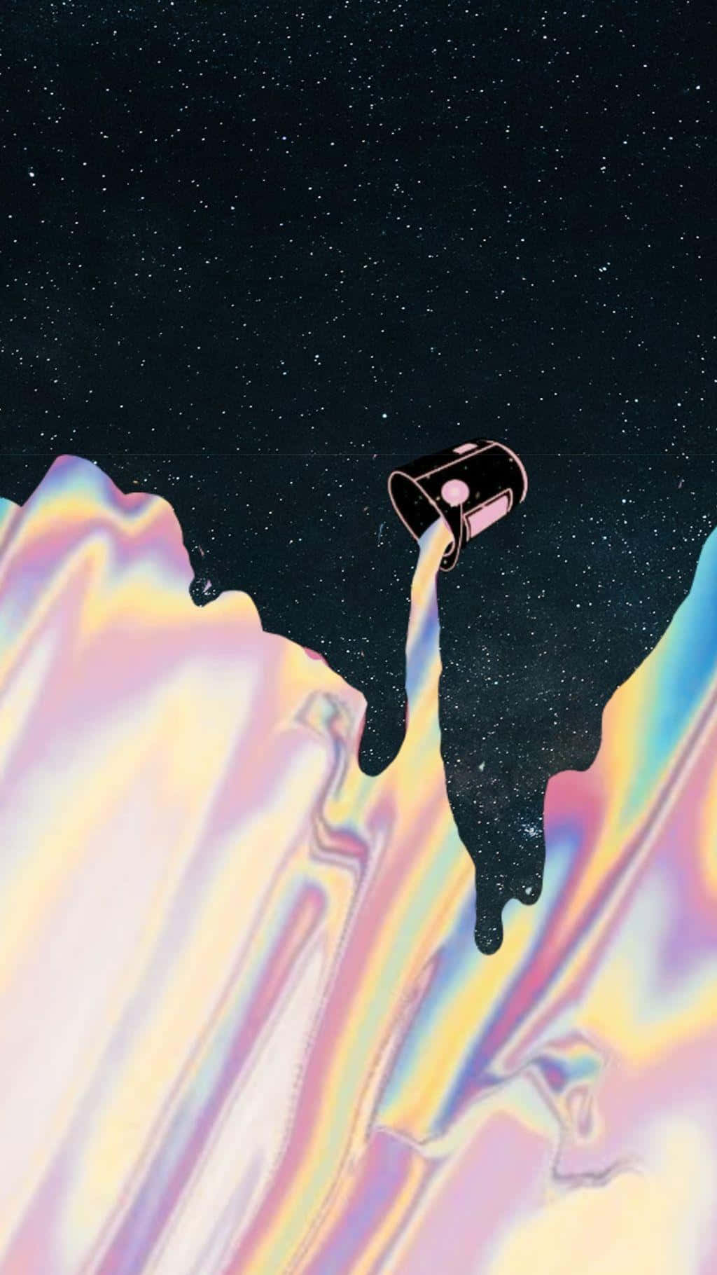 Aesthetic Vsco 桌布 壁紙 — 一個黑色杯子在星空下將閃閃發光的宇宙液體倒在彩虹色的山峰上。