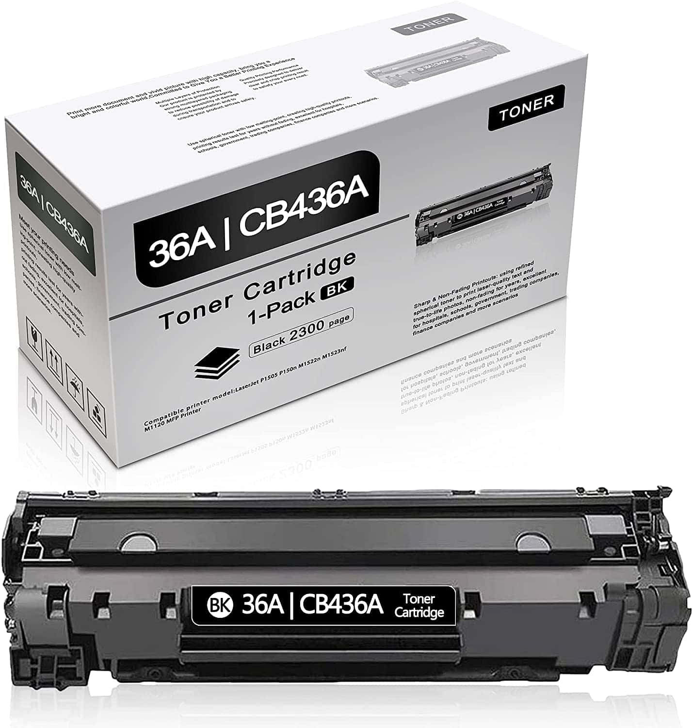 Toner 桌布 壁紙 — 一個黑色碳粉盒 CB436A 放置在其白色包裝盒下方，置於反光表面上。