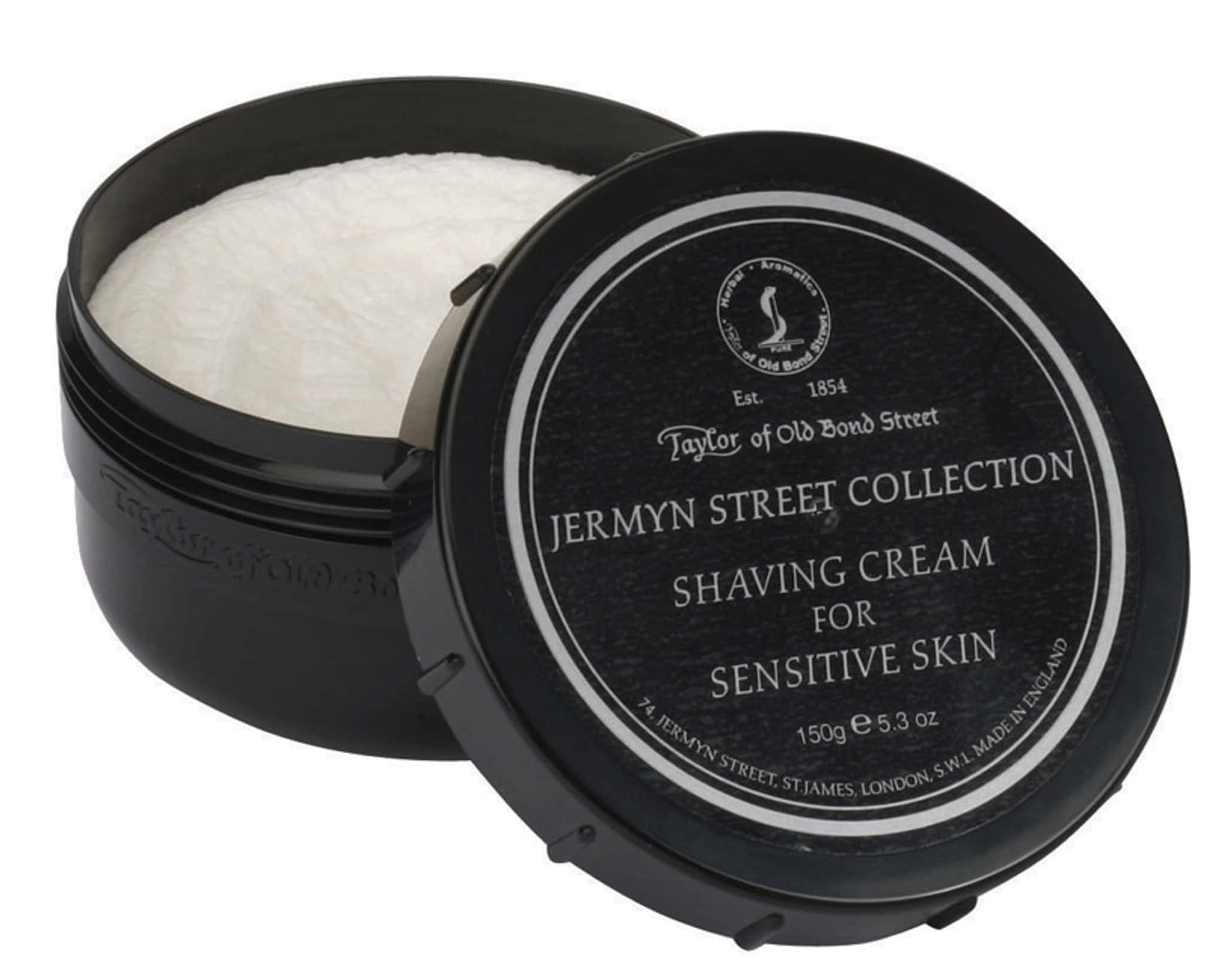 Shaving Cream 桌布 壁紙 — 一個黑色罐裝的Taylor of Old Bond Street剃鬚膏，專為敏感肌膚而設，內含質感豐富的白色乳霜。
