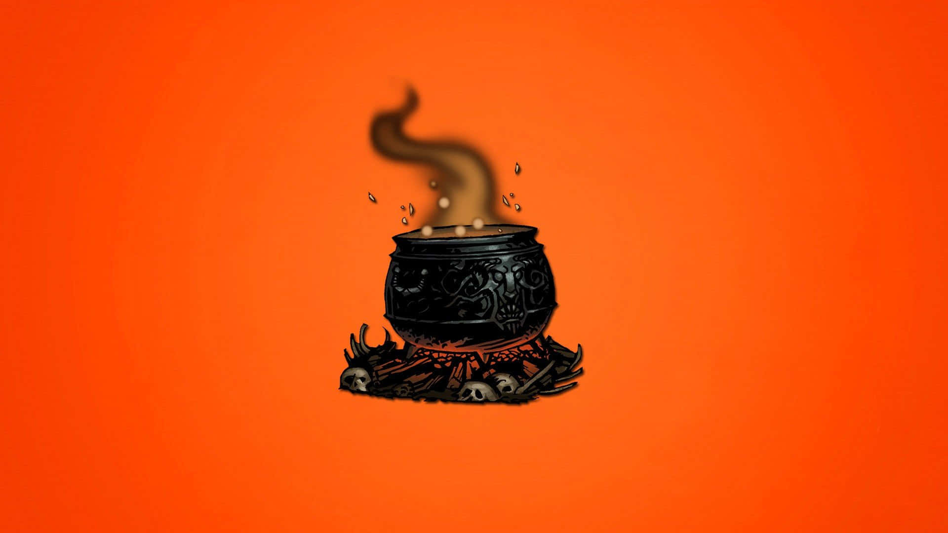 cauldron 桌布 壁紙 — 一個黑色華麗的大鍋，帶有旋轉的蒸氣和漂浮的氣泡，放在骷髏和骨頭之上，背景是鮮豔的橙色。