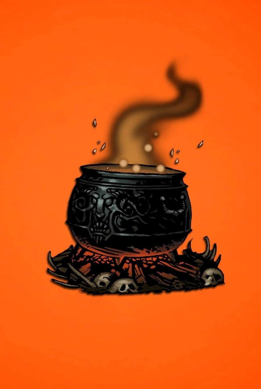 cauldron 桌布 壁紙 — 一個黑色華麗的大鍋在火橙色背景上沸騰著骷髏和骨頭。