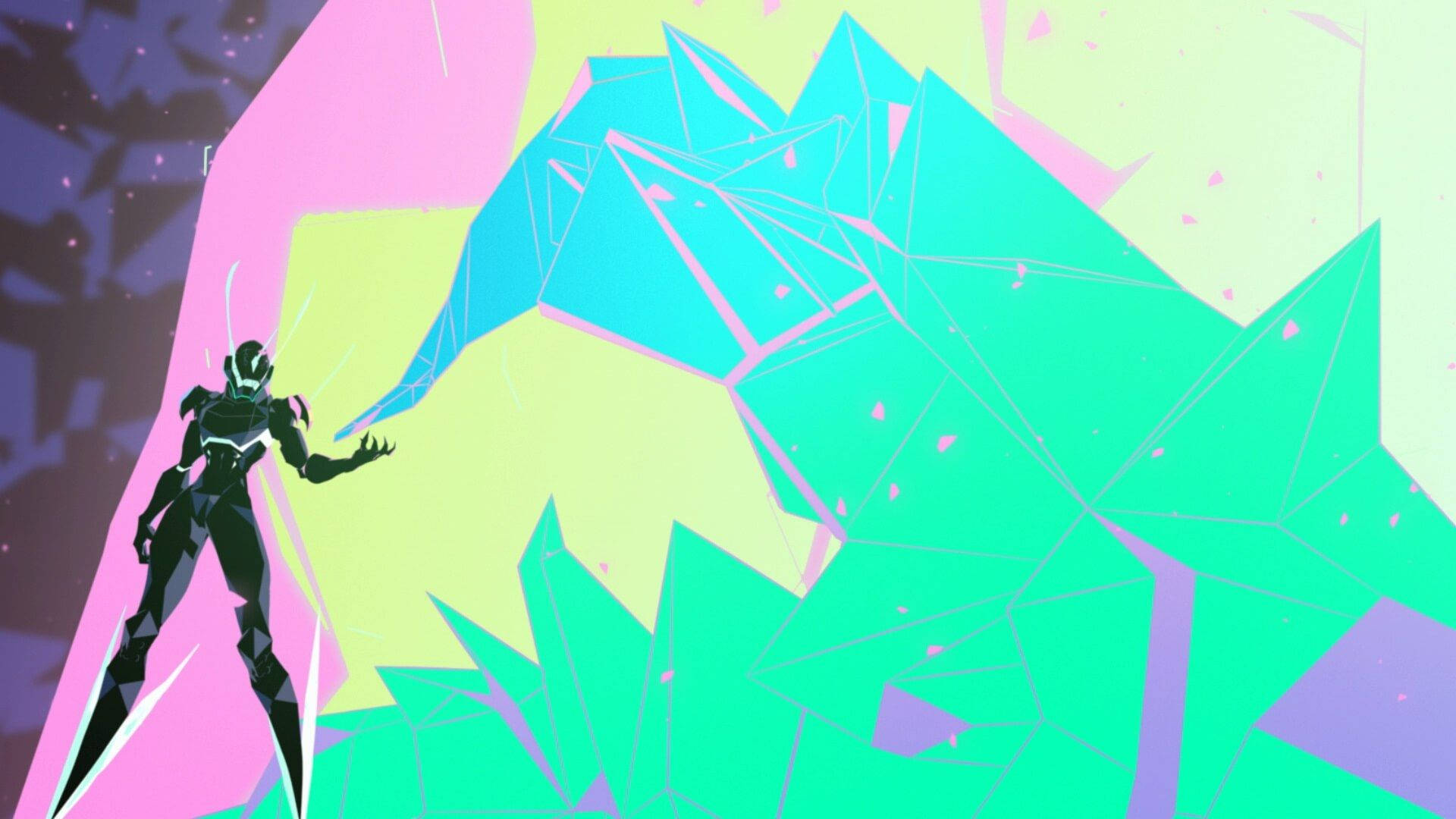 Lio Blue Fire Promare 壁紙 — 一個黑色裝甲人物站在一個發光的幾何山前，山體呈現螢光綠和粉紅色，背景是風格化的數位景觀。