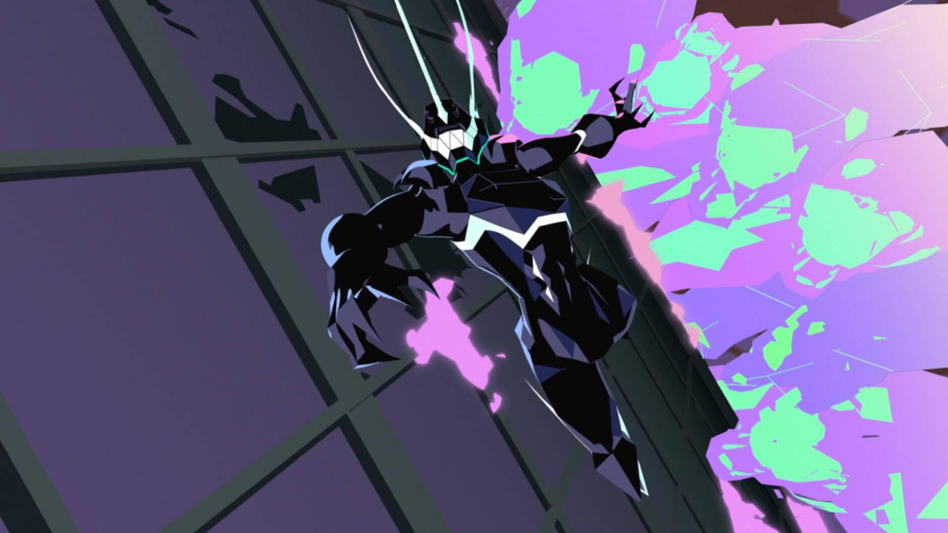 Lio Fotia Black Shield Promare 壁紙 — 一個黑色裝甲的超級英雄，擁有發光的白色眼睛和綠色能量爆發，在動態的動漫動作場景中衝破紫色玻璃牆。