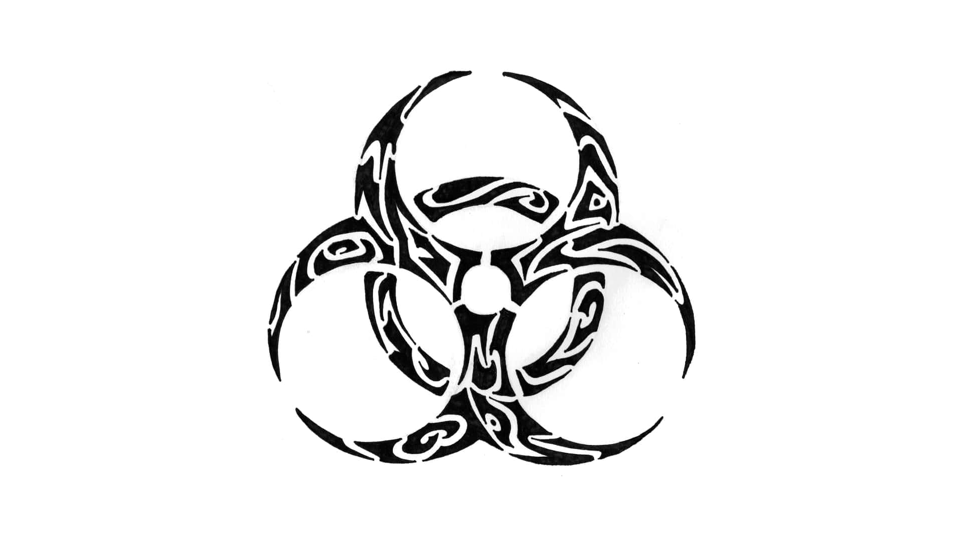 toxic 桌布 壁紙 — 一個黑色部落風格嘅生物危害標誌，帶有漩渦圖案，背景係純白色。