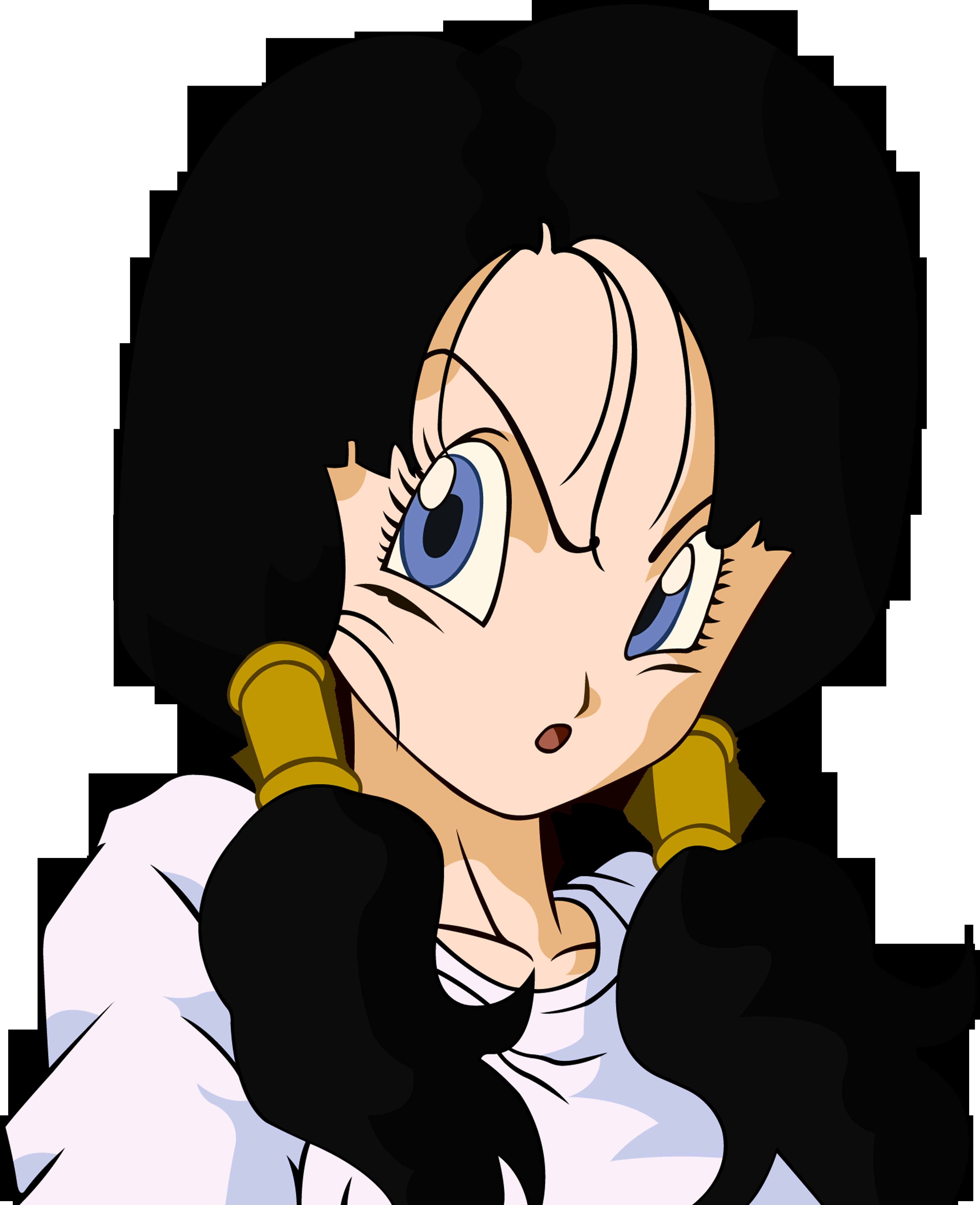 Videl 桌布 壁紙 — 一個黑色雙馬尾、藍色眼睛的Q版動漫女孩，穿著白色襯衫和金色耳環，正視前方。