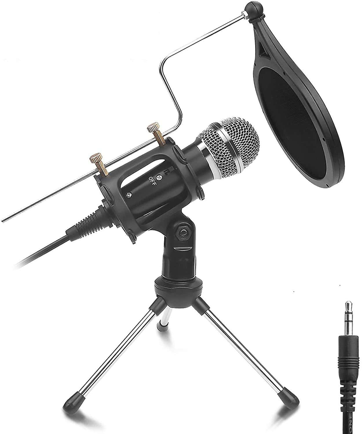 Microphone 桌布 壁紙 — 一個黑色電容咪高峰連防噴罩，安裝在三腳架上，背景為白色。