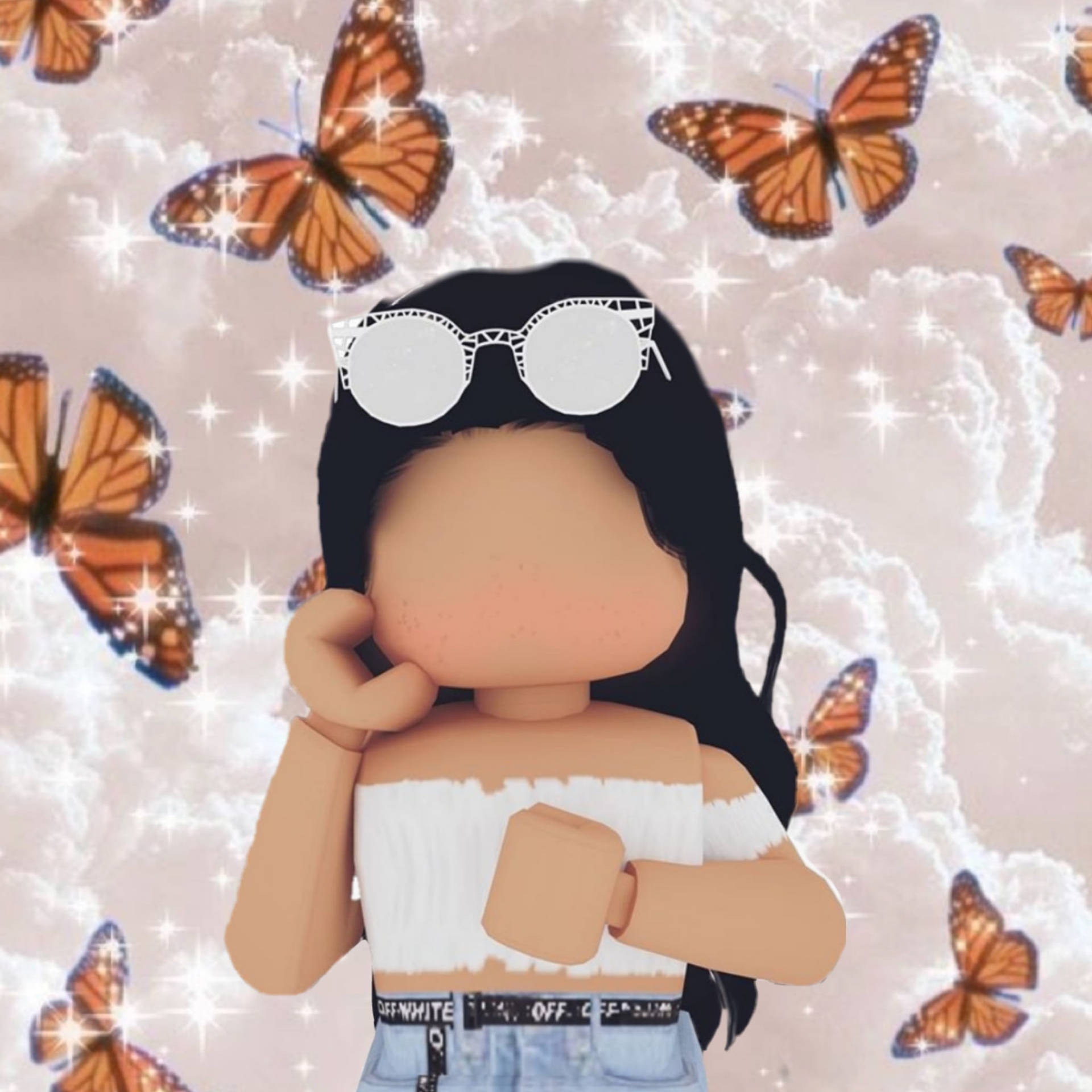 戴著太陽眼鏡的Roblox虛擬角色被蝴蝶和閃光包圍。 — 唯美蝴蝶動圖 壁紙