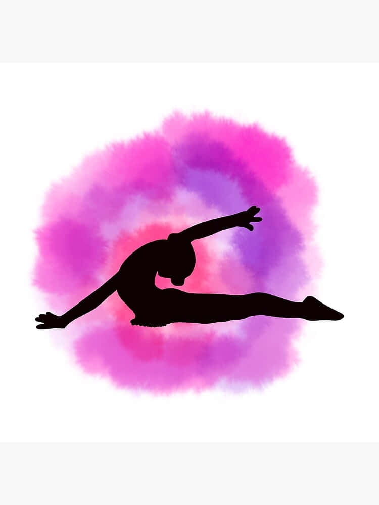 Gymnastics 桌布 壁紙 — 一個黑色體操運動員剪影，以動態劈腿姿勢，襯托在充滿活力的粉紅和紫色水彩潑濺背景上。