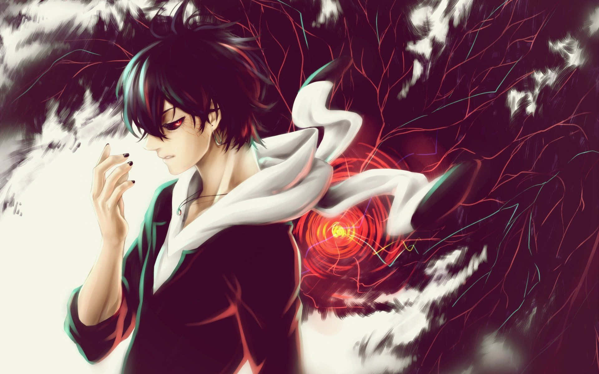 Ayato Kirishima 桌布 壁紙 — 一個黑髮、紅眼、戴著白色圍巾的動漫男性，站在旋轉的紅黑能量漩渦前。
