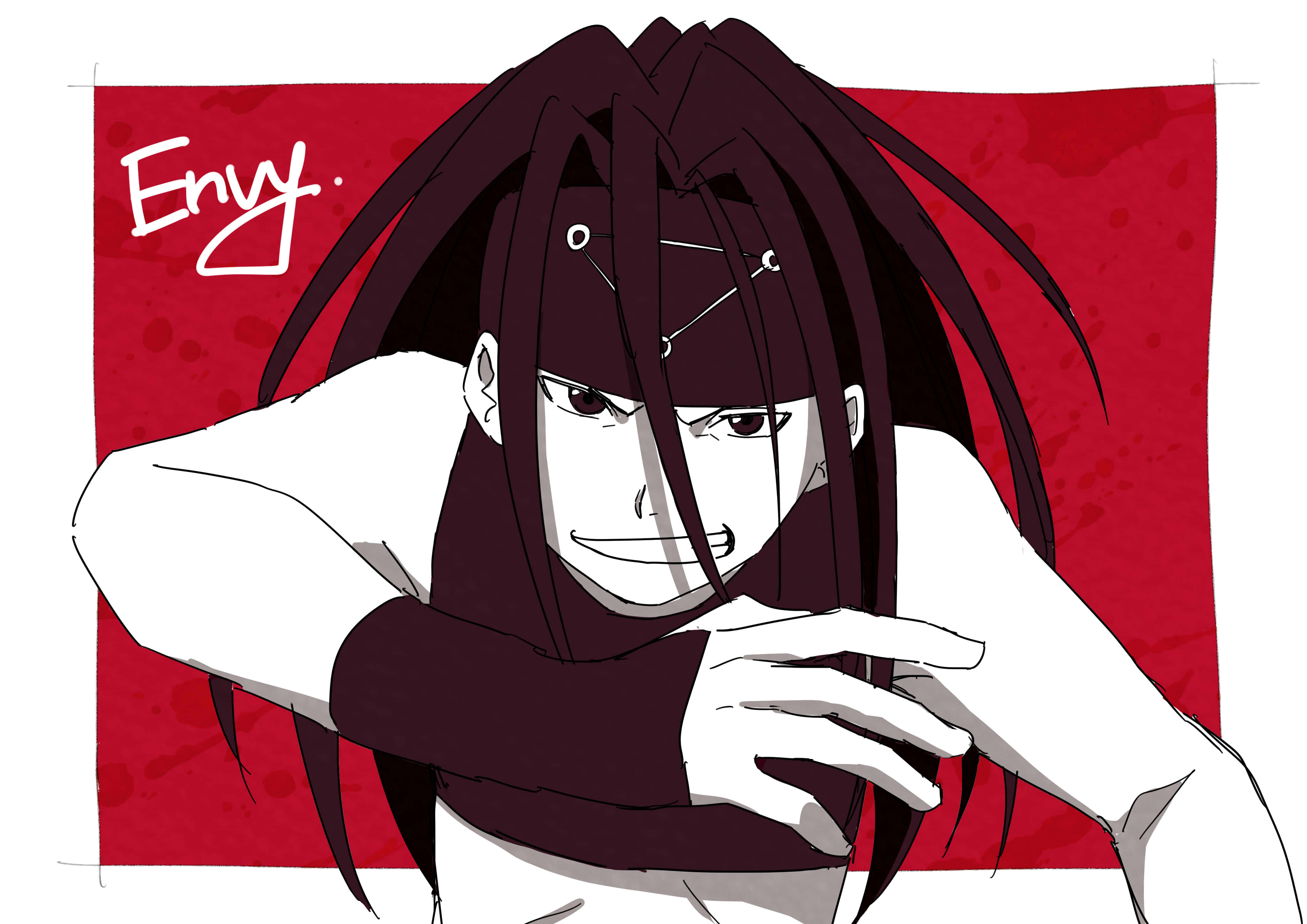 Fullmetal Alchemist Envy 桌布 壁紙 — 一個黑髮、露出邪惡笑容的動漫角色，在標有「嫉妒」的鮮紅色背景前擺姿勢。