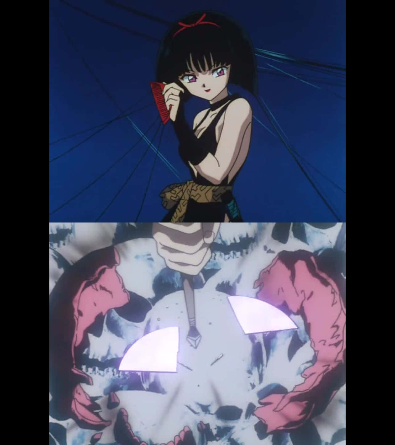 Inuyasha Yura 桌布 壁紙 — 一個黑髮動漫女孩在藍色背景前拿著紅色梳子，上方有一隻手刺穿一個發光眼睛的頭骨。