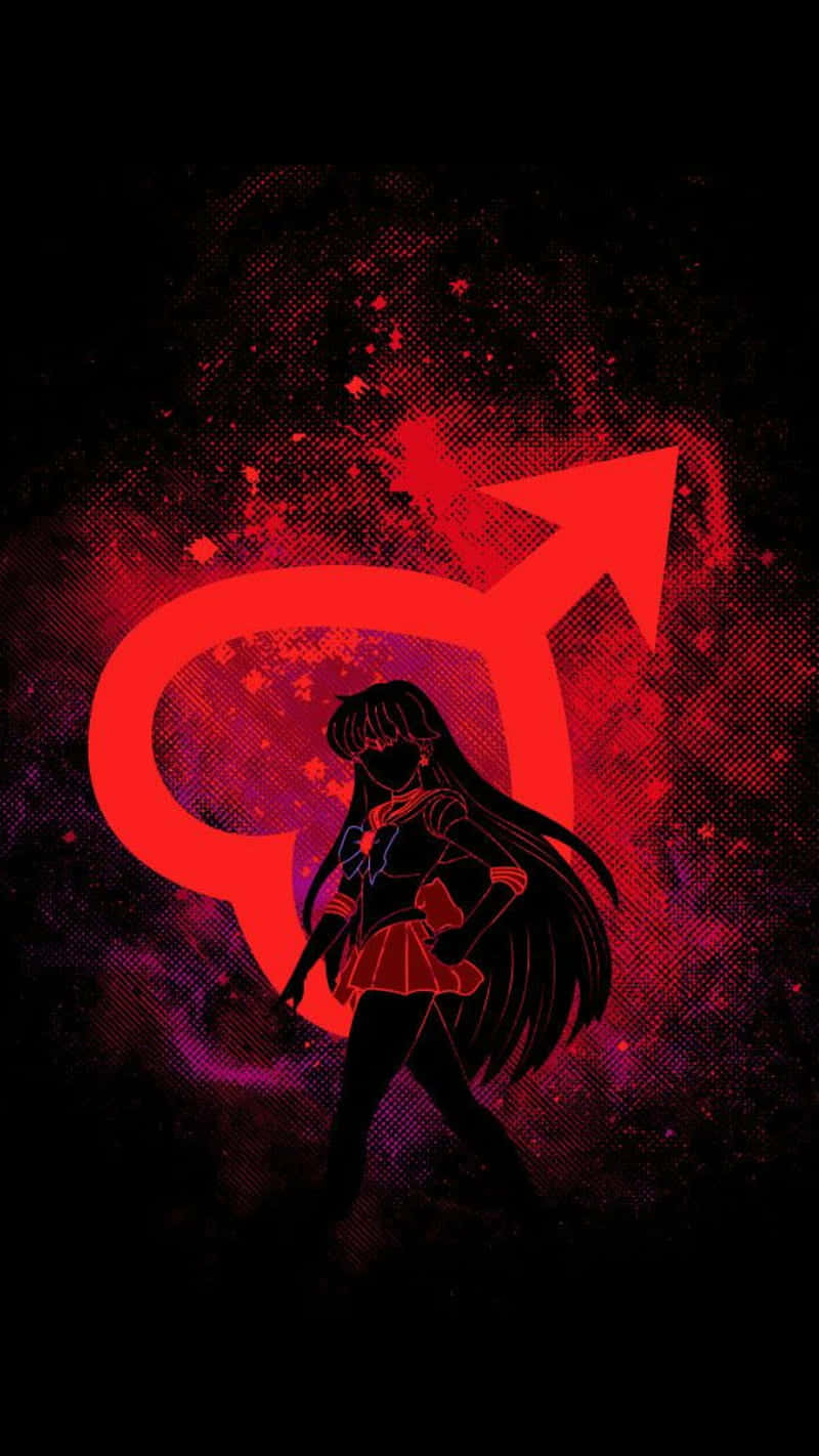 sailor mars 桌布 壁紙 — 一個黑髮動漫女孩穿著紅色服裝，站在一個發光的紅色性別符號前，背景是宇宙紅和紫色。