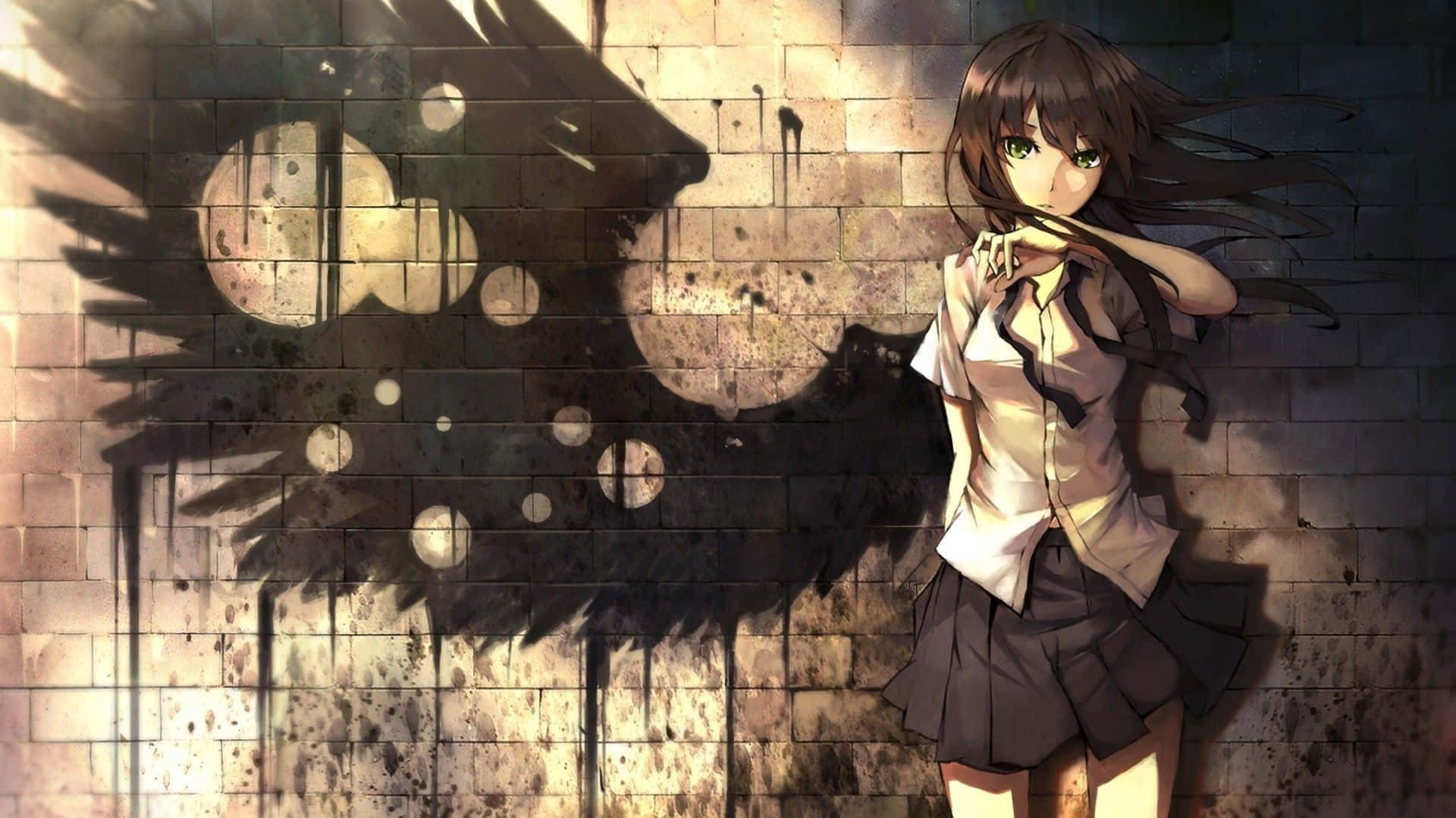 Anime Pc 桌布 壁紙 — 一個黑髮動漫少女穿著校服站在磚牆前，投射出一個帶有發光球體的翼生物的巨大陰影。