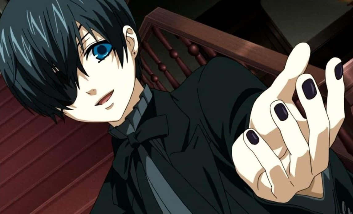 Ciel Phantomhive 桌布 壁紙 — 一個黑髮動漫男孩，有一隻藍色眼睛和黑色指甲油，從木樓梯向前伸手。