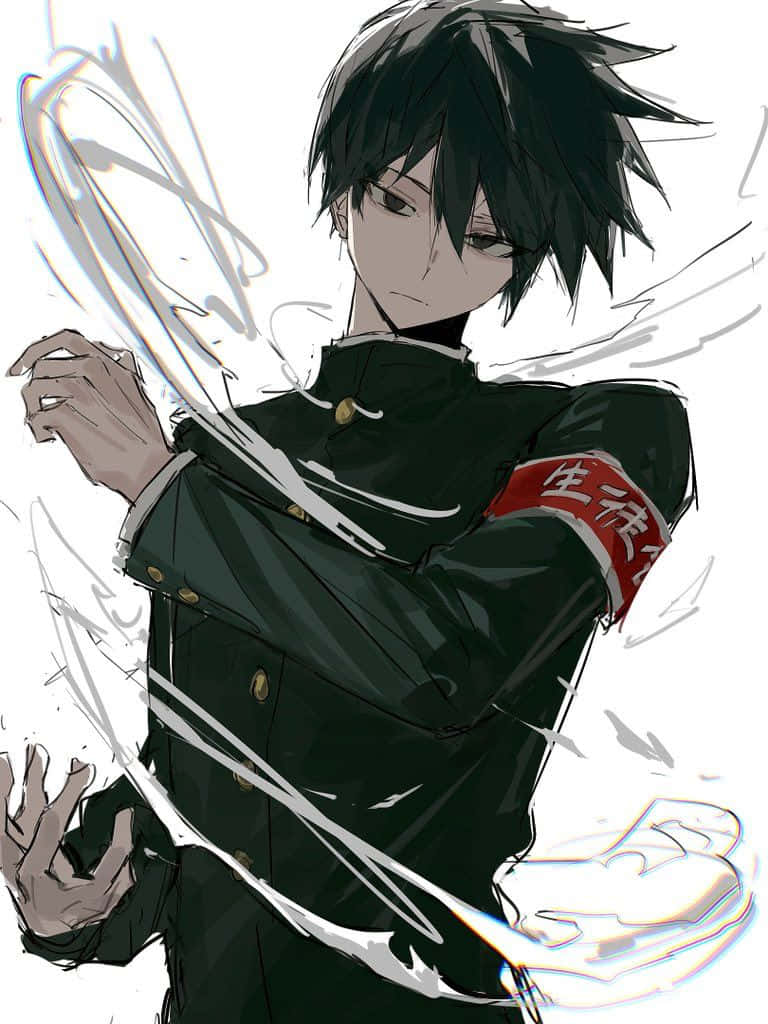 Ritsu Kageyama 桌布 壁紙 — 一個黑髮動漫男孩，身穿綠色制服，戴著紅色臂章，在純白背景前將旋轉的白色能量引導到雙手周圍。